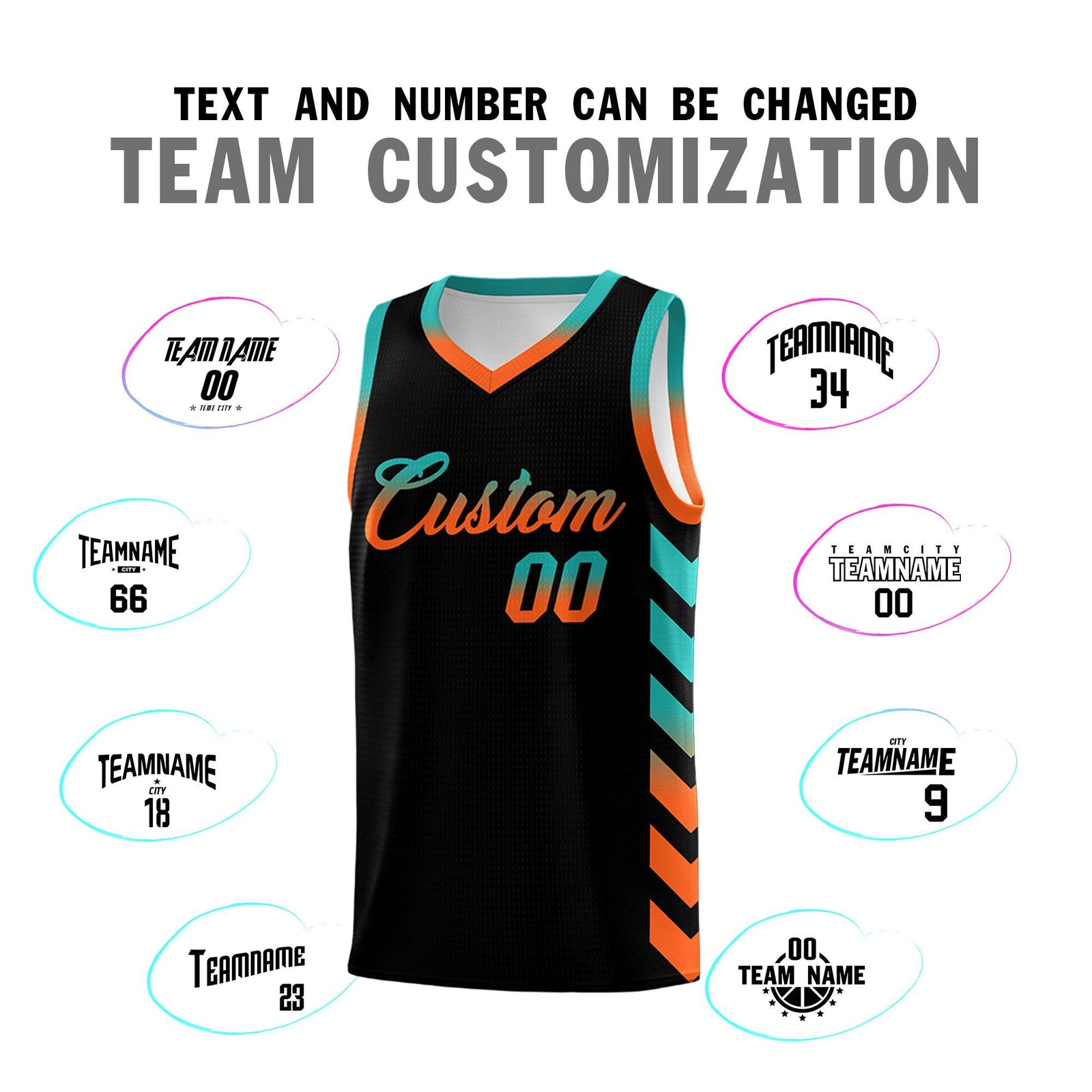 Custom White Black Reversible Basketball Jersey Kits - Side Arrow Aqua Orange Gradient