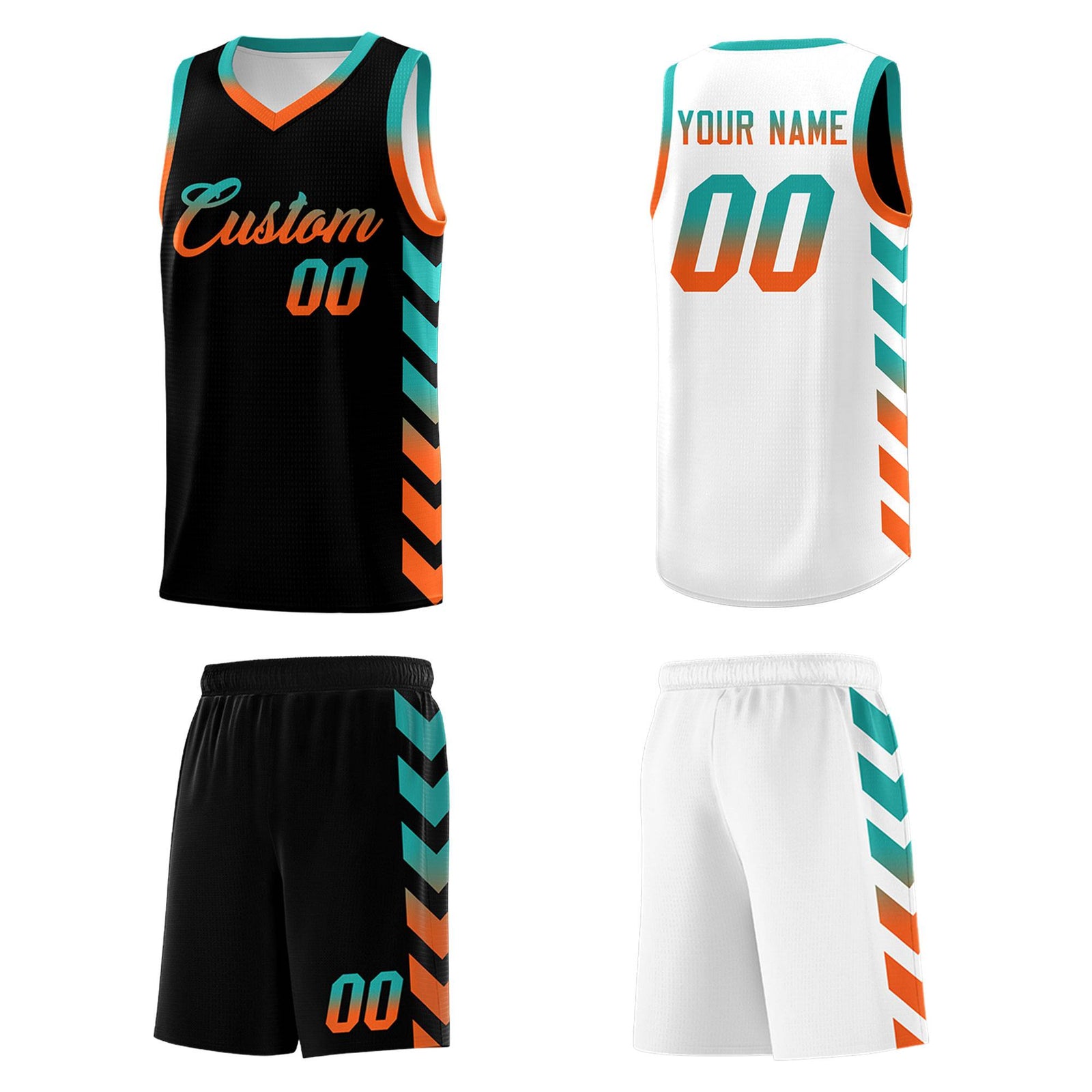 Custom White Black Reversible Basketball Jersey Kits - Side Arrow Aqua Orange Gradient