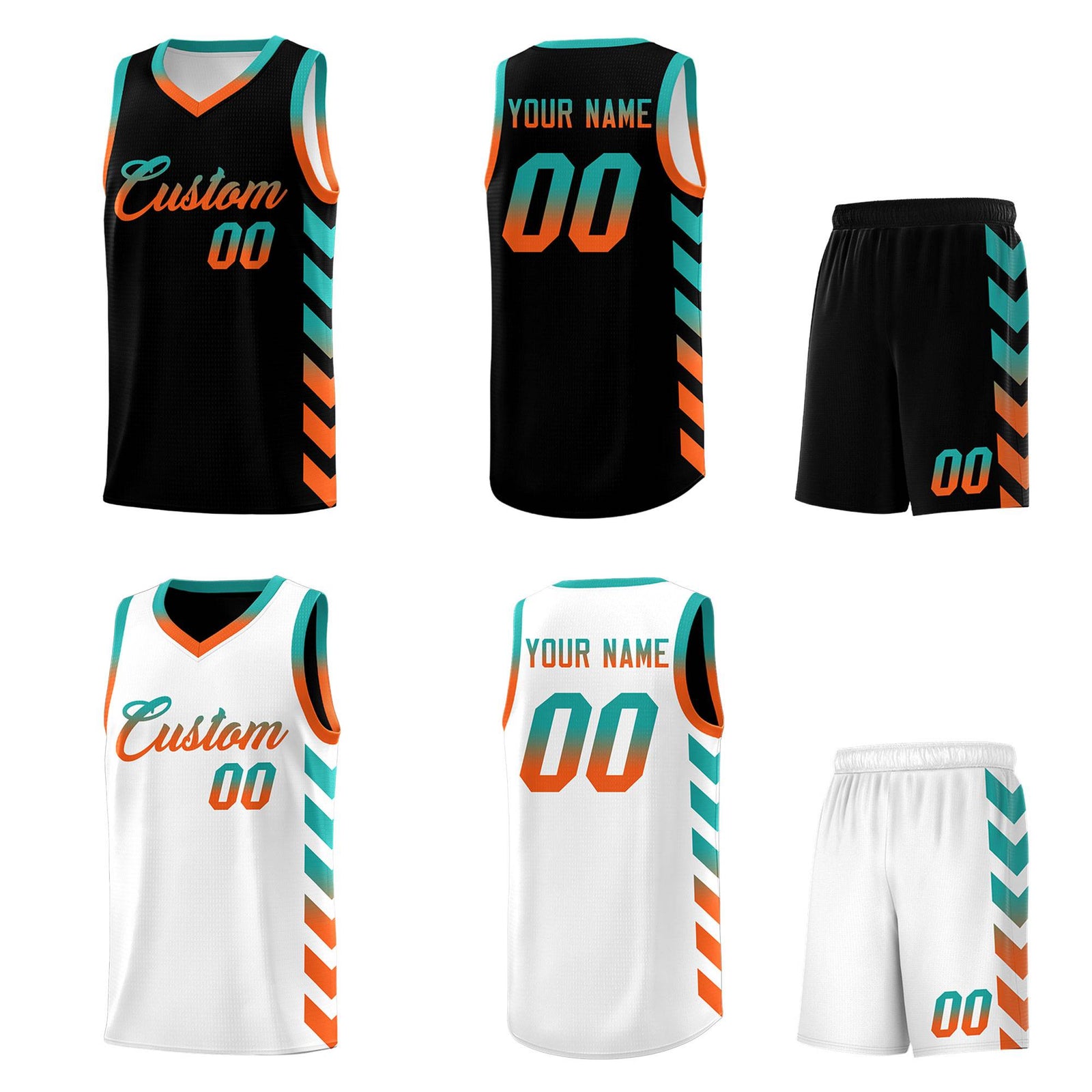 Custom White Black Reversible Basketball Jersey Kits - Side Arrow Aqua Orange Gradient