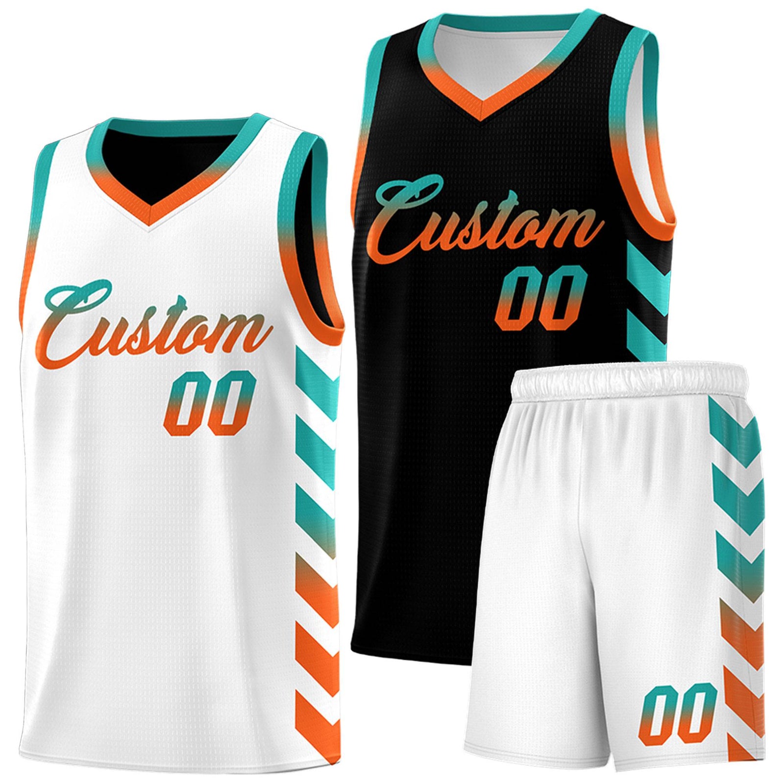 Custom White Black Reversible Basketball Jersey Kits - Side Arrow Aqua Orange Gradient