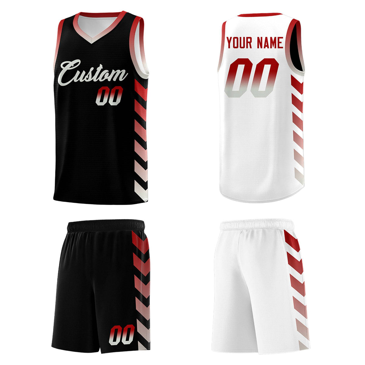 Custom White Black Reversible Basketball Jersey Kits - Side Arrow Red Gray Gradient