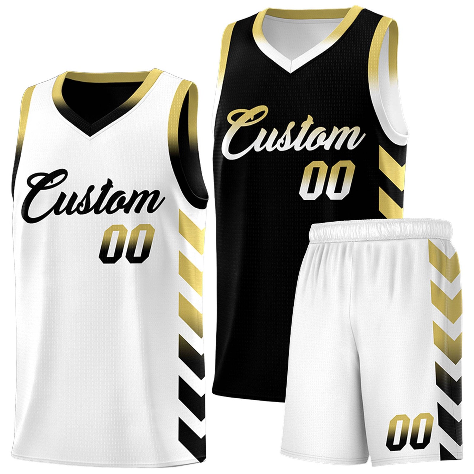 Custom White Black Reversible Basketball Jersey Kits - Side Arrow Old Gold Black Gradient
