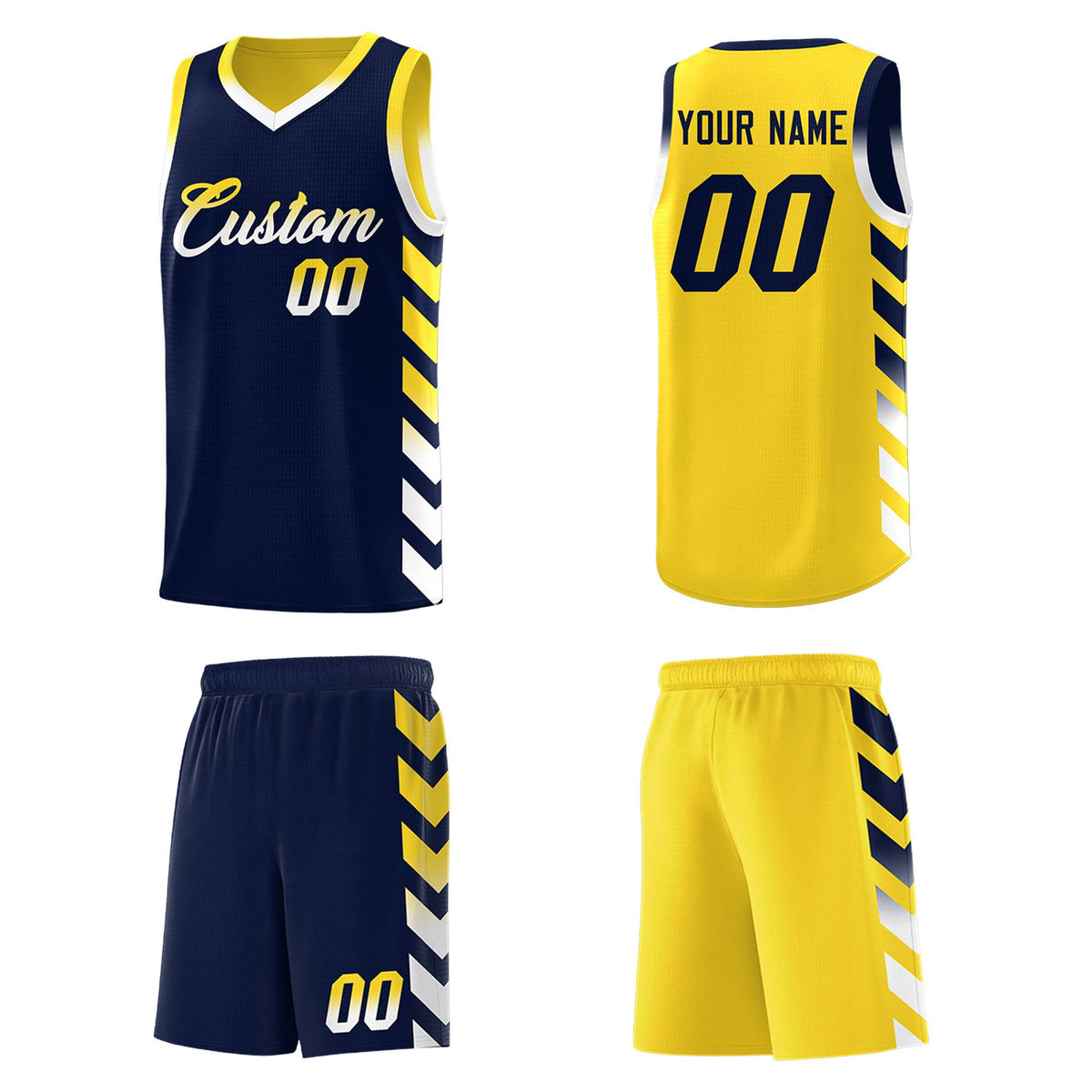 Custom Gold Navy Reversible Basketball Jersey Kits - Side Arrow Navy White Gradient