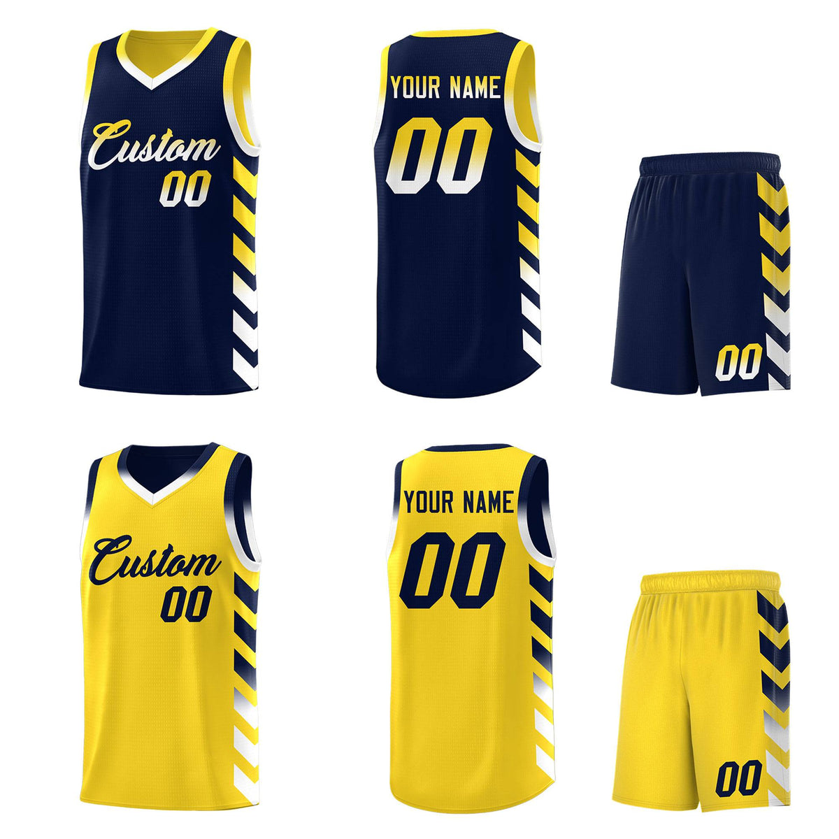 Custom Gold Navy Reversible Basketball Jersey Kits - Side Arrow Navy White Gradient