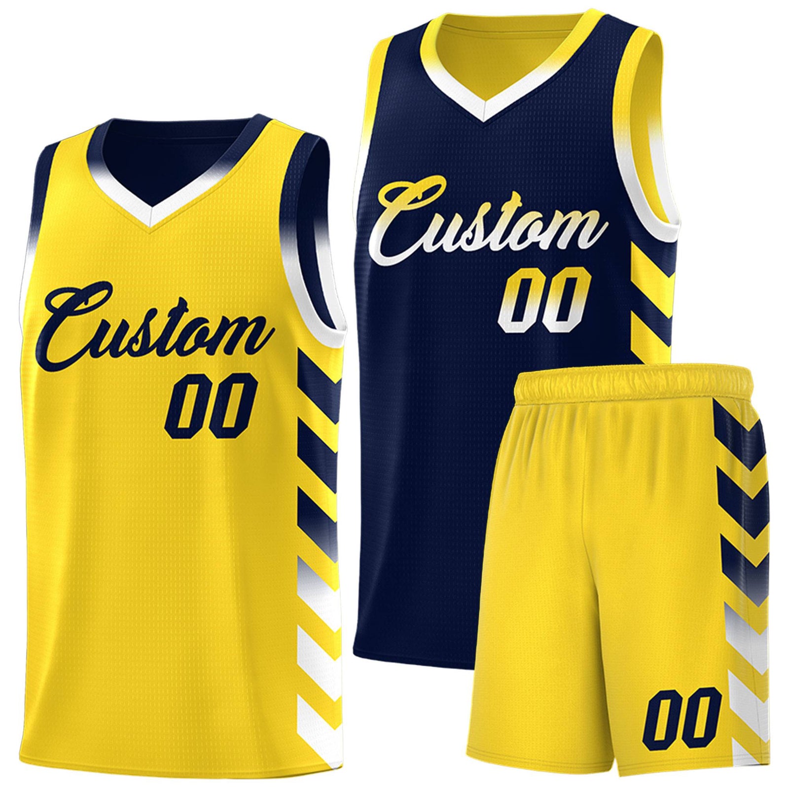 Custom Gold Navy Reversible Basketball Jersey Kits - Side Arrow Navy White Gradient