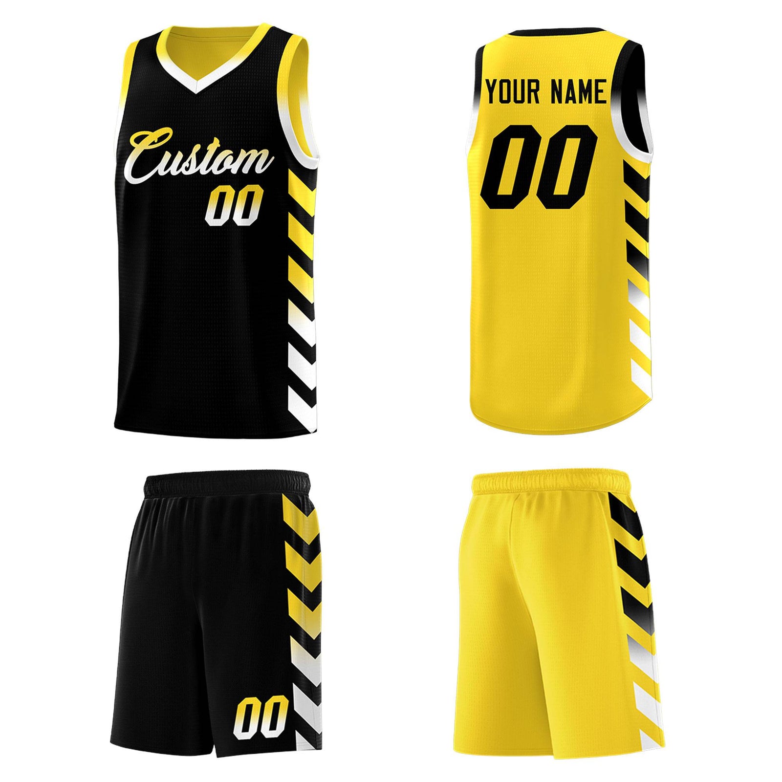 Custom Gold Black Reversible Basketball Jersey Kits - Side Arrow Black White Gradient