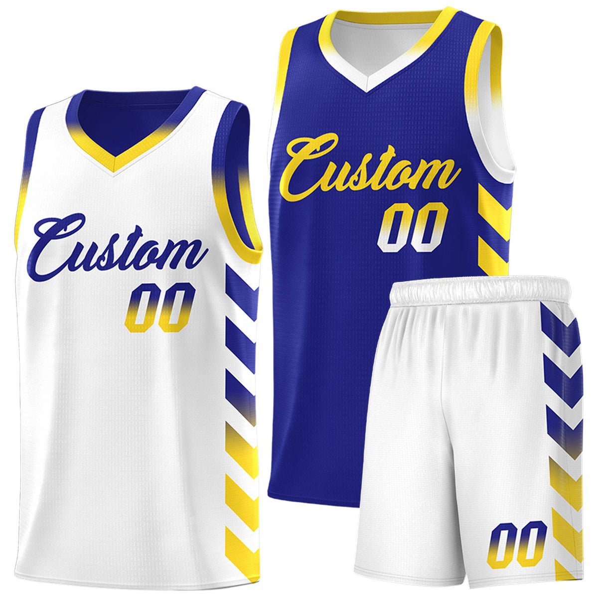 Custom White Royal Reversible Basketball Jersey Kits - Side Arrow Royal Gold Gradient