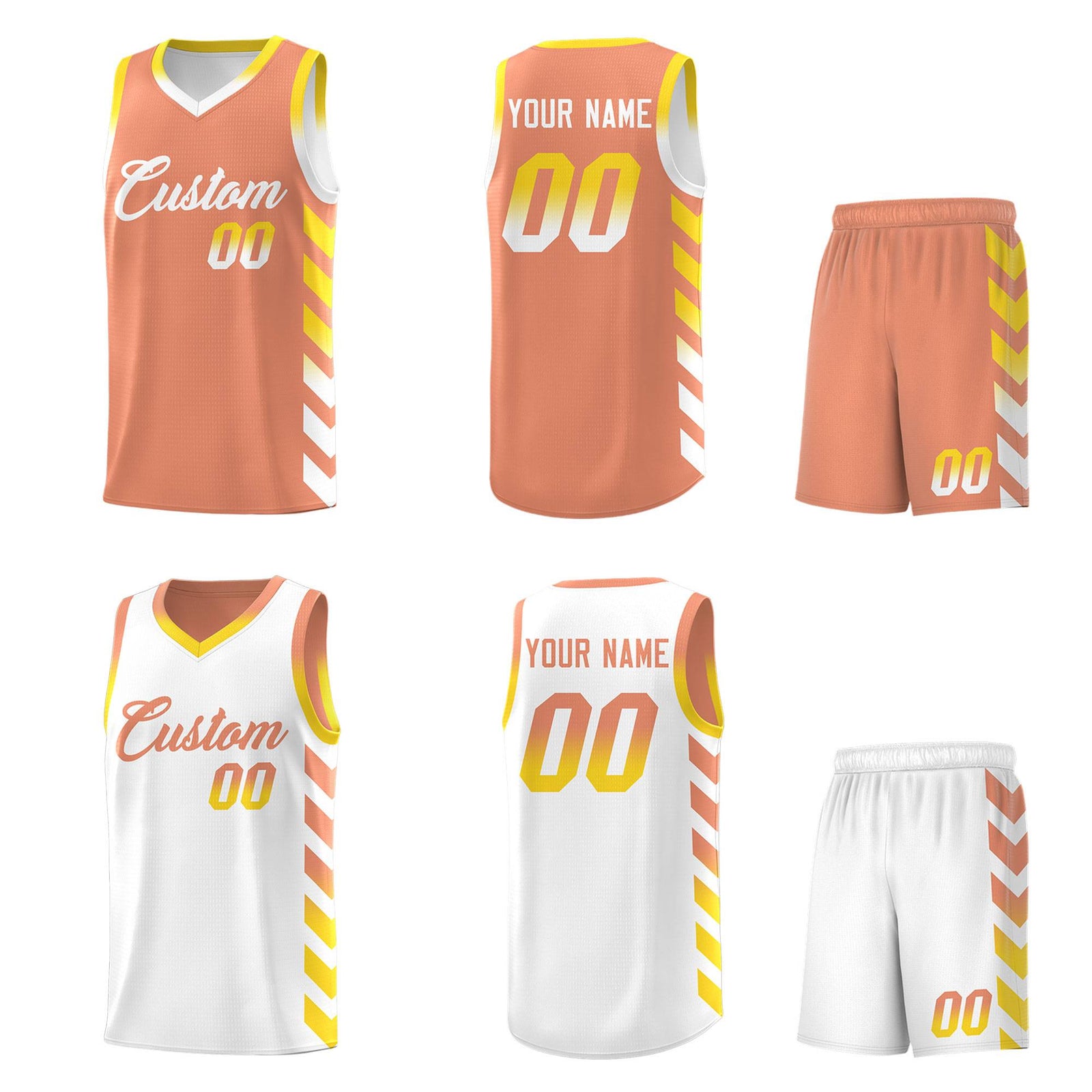 Custom White Light Orange Reversible Basketball Jersey Kits - Side Arrow Light Orange Gold Gradient