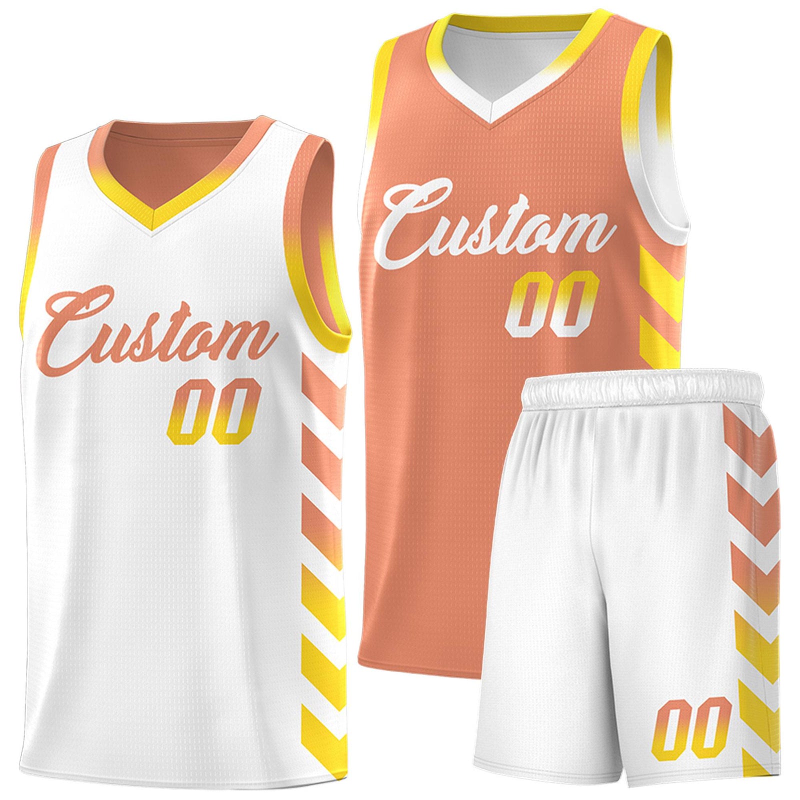 Custom White Light Orange Reversible Basketball Jersey Kits - Side Arrow Light Orange Gold Gradient
