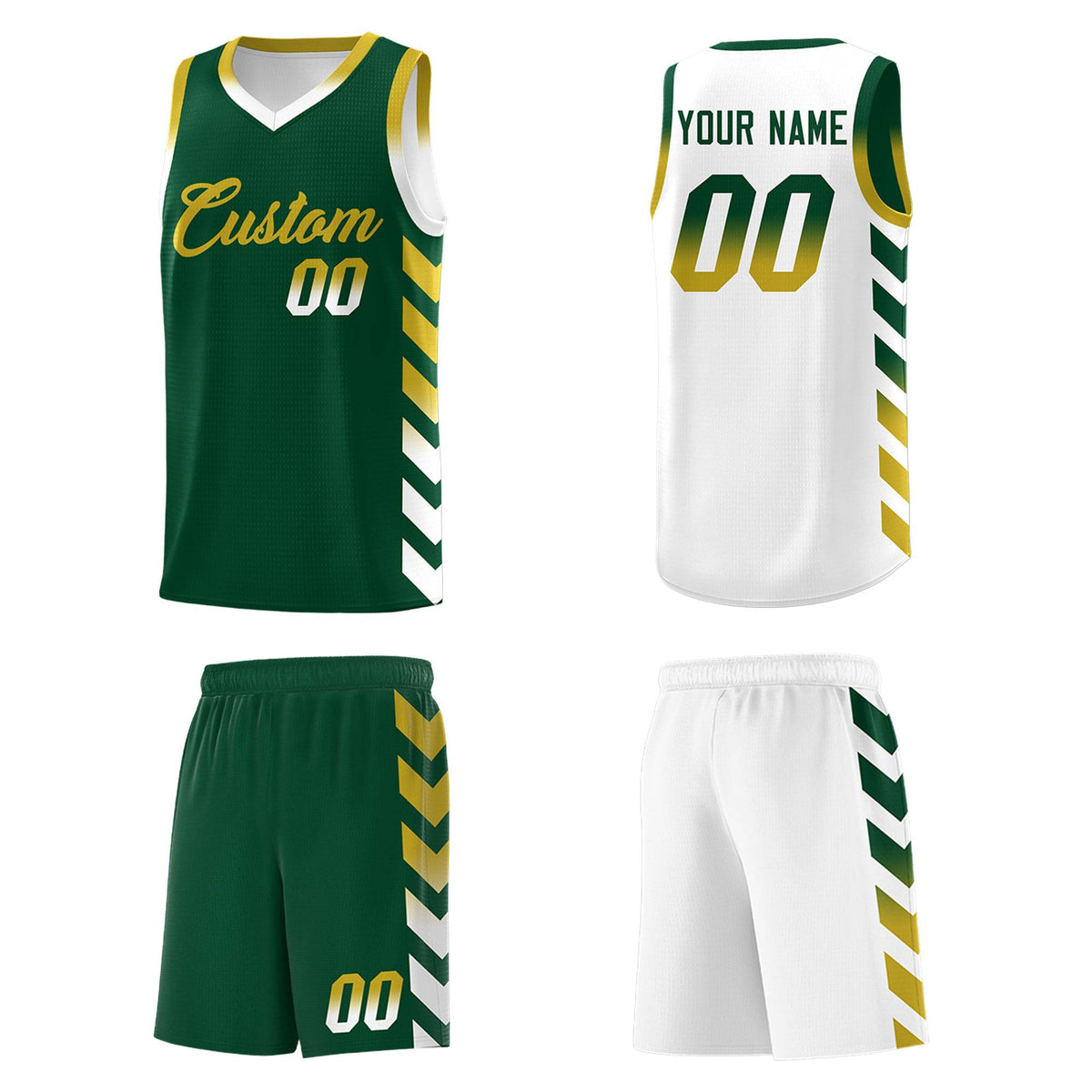 Custom White Green Reversible Basketball Jersey Kits - Side Arrow Green Old Gold Gradient