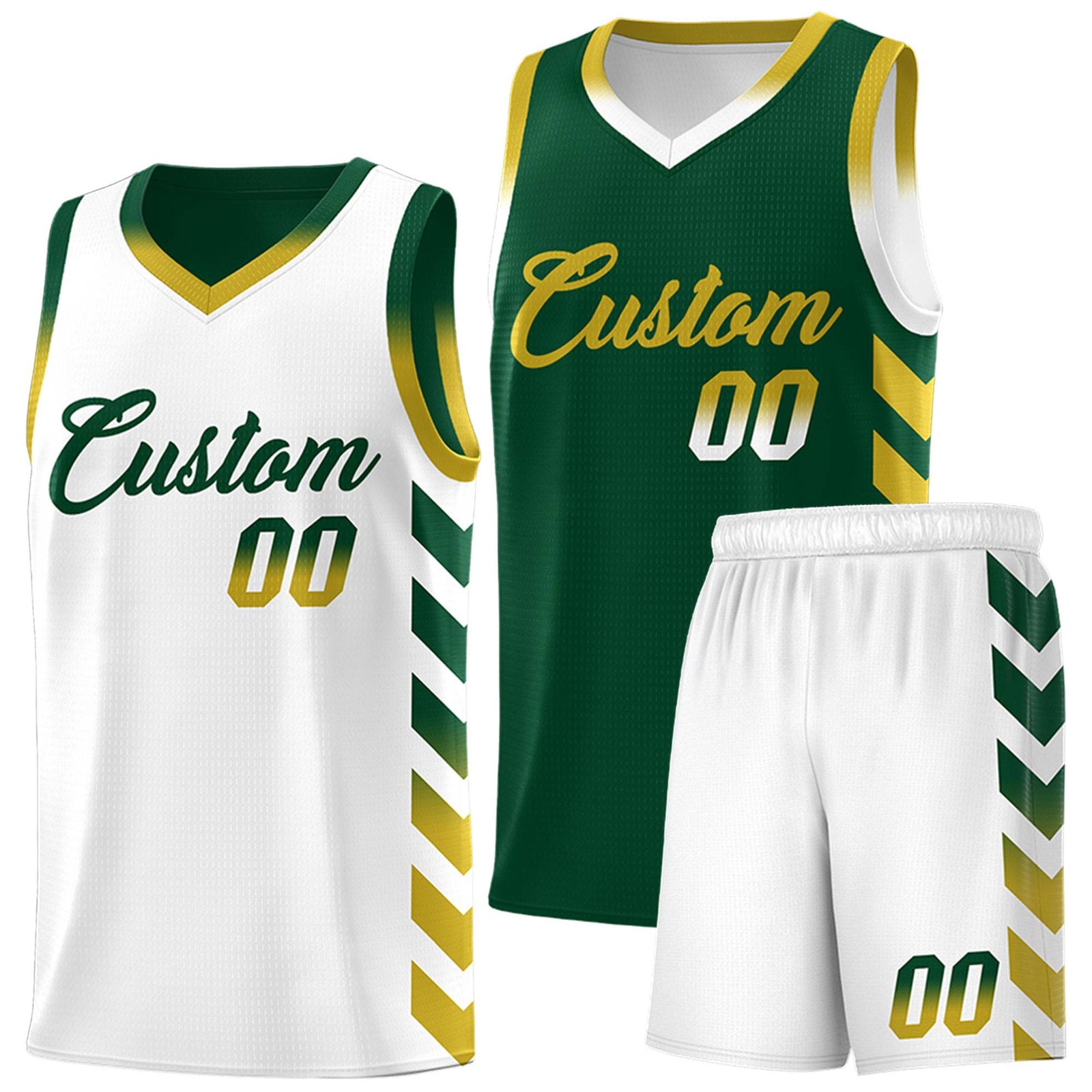 Custom White Green Reversible Basketball Jersey Kits - Side Arrow Green Old Gold Gradient