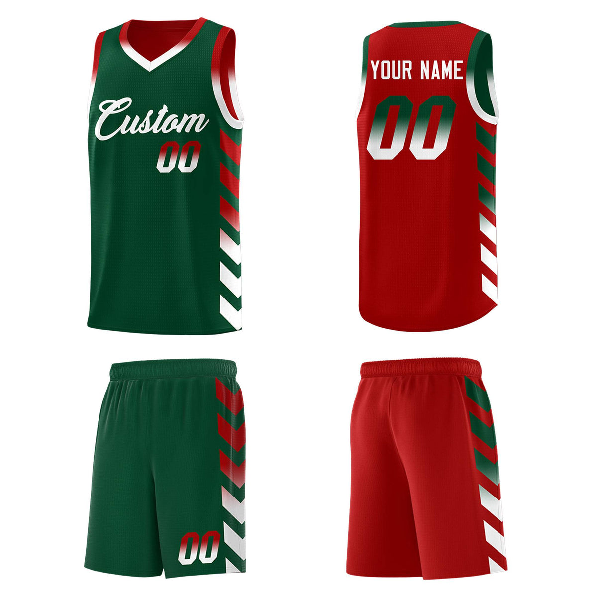 Custom Red Green Reversible Basketball Jersey Kits - Side Arrow Green White Gradient
