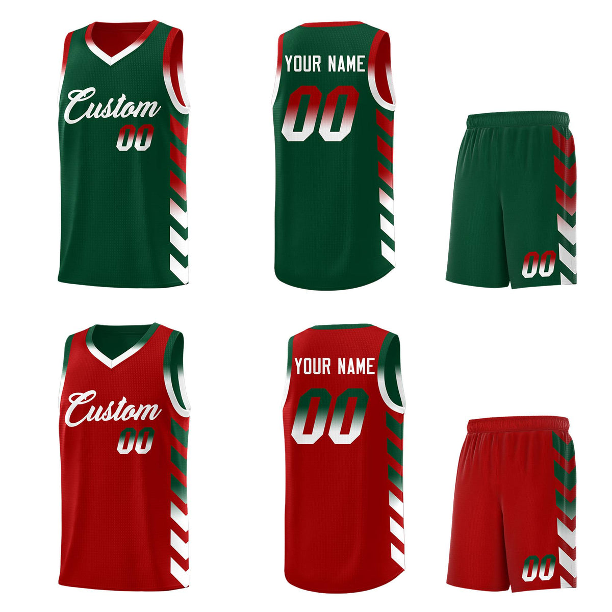 Custom Red Green Reversible Basketball Jersey Kits - Side Arrow Green White Gradient