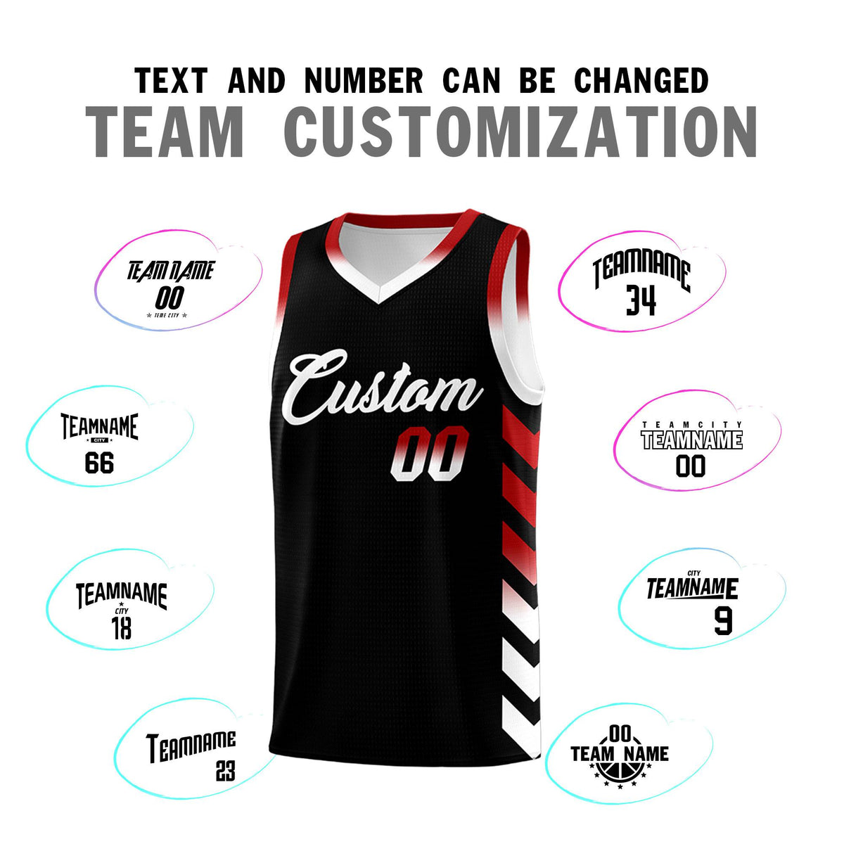 Custom White Black Reversible Basketball Jersey Kits - Side Arrow Black Red Gradient