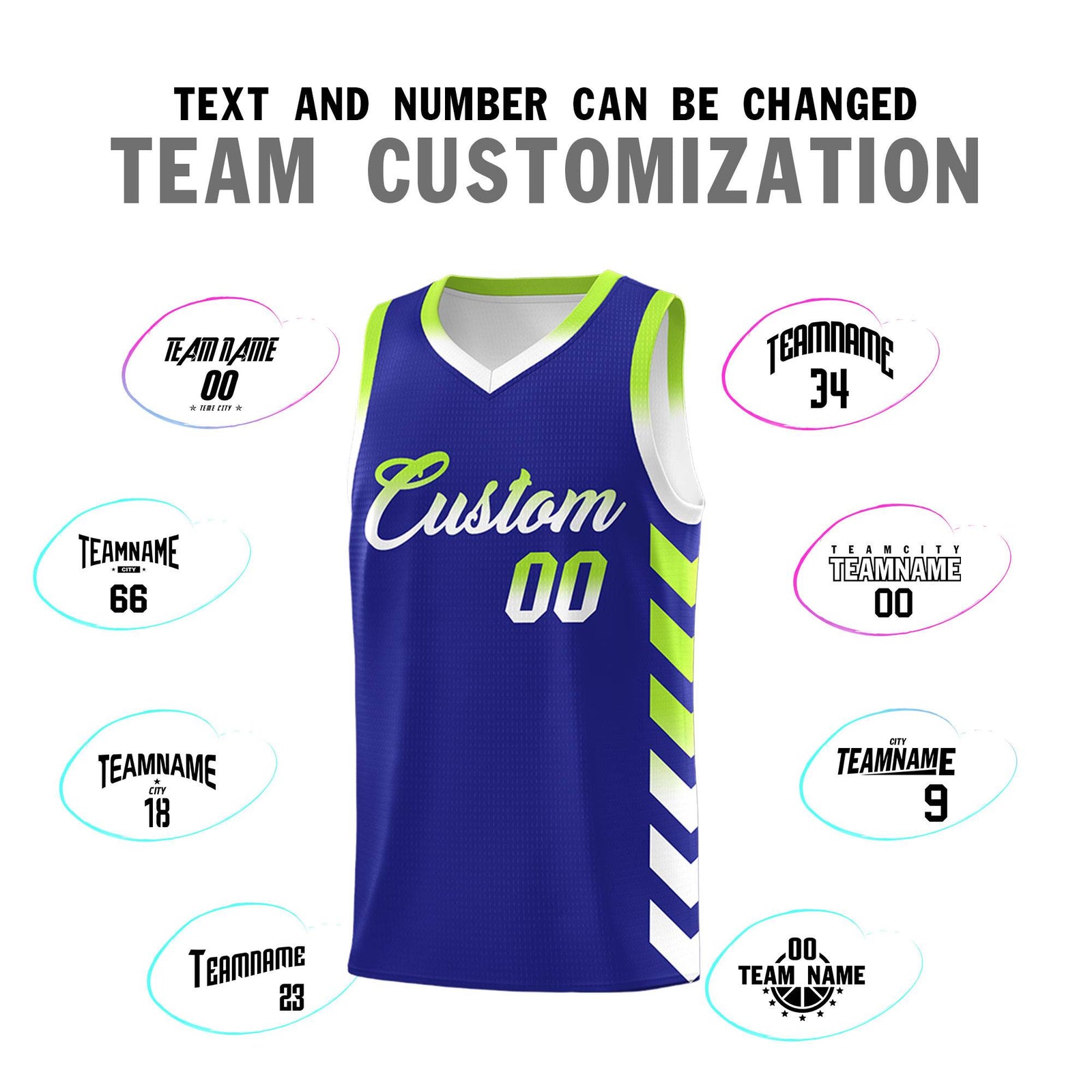 Custom White Royal Reversible Basketball Jersey Kits - Side Arrow Royal Neon Green Gradient