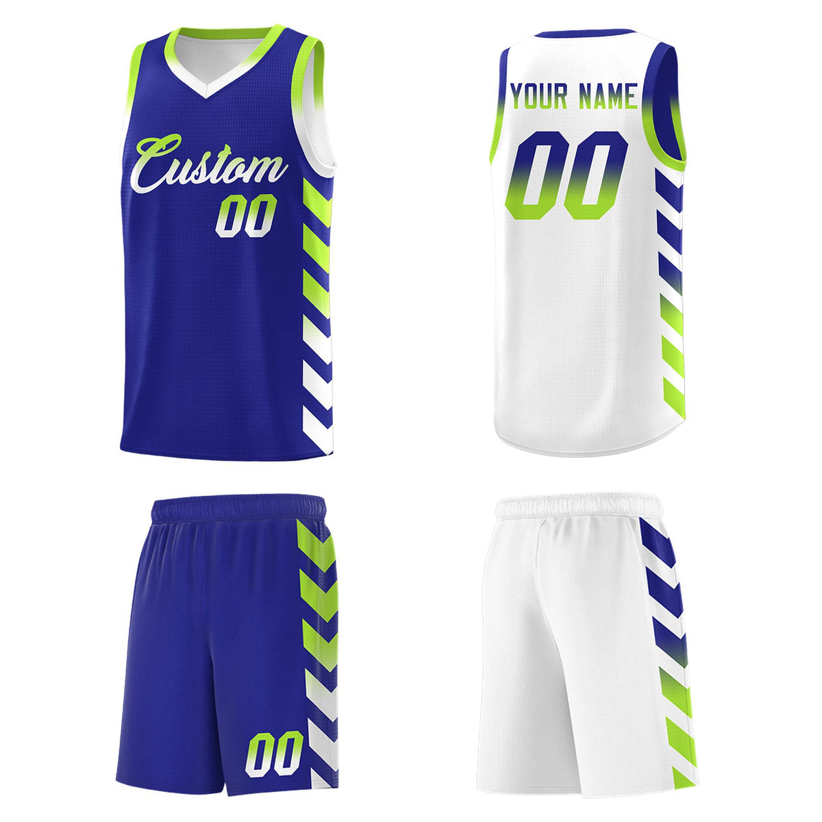 Custom White Royal Reversible Basketball Jersey Kits - Side Arrow Royal Neon Green Gradient