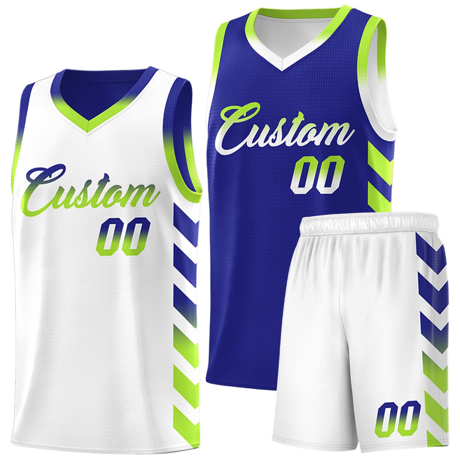 Custom White Royal Reversible Basketball Jersey Kits - Side Arrow Royal Neon Green Gradient