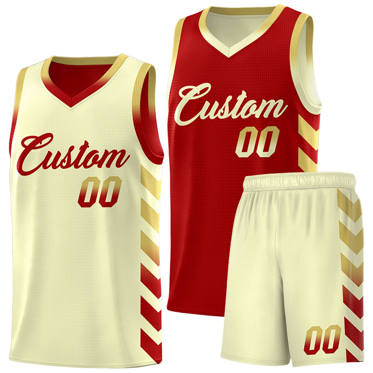 Custom Cream Red Reversible Basketball Jersey Kits - Side Arrow Old Gold Red Gradient