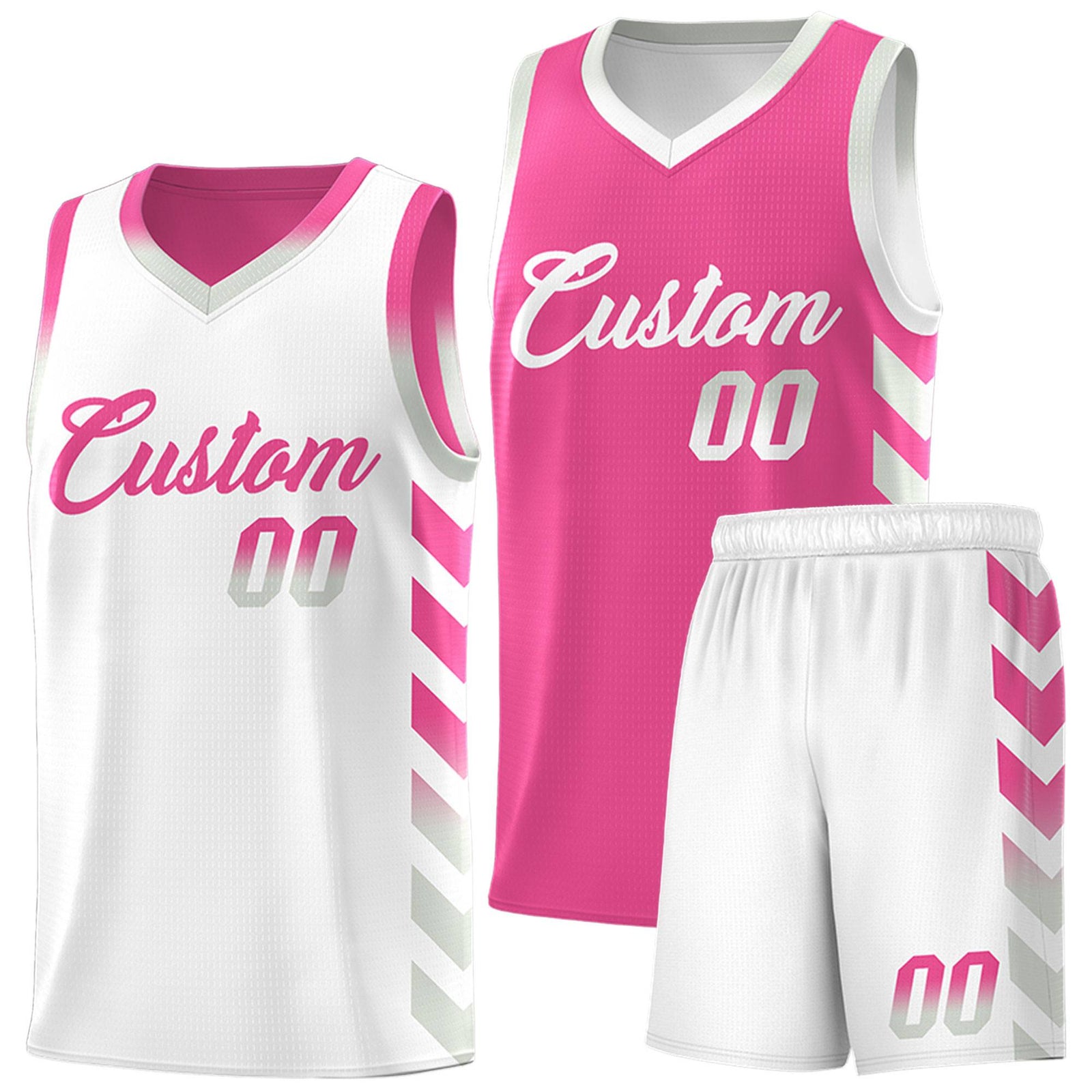Custom White Pink Reversible Basketball Jersey Kits - Side Arrow Pink Gray Gradient