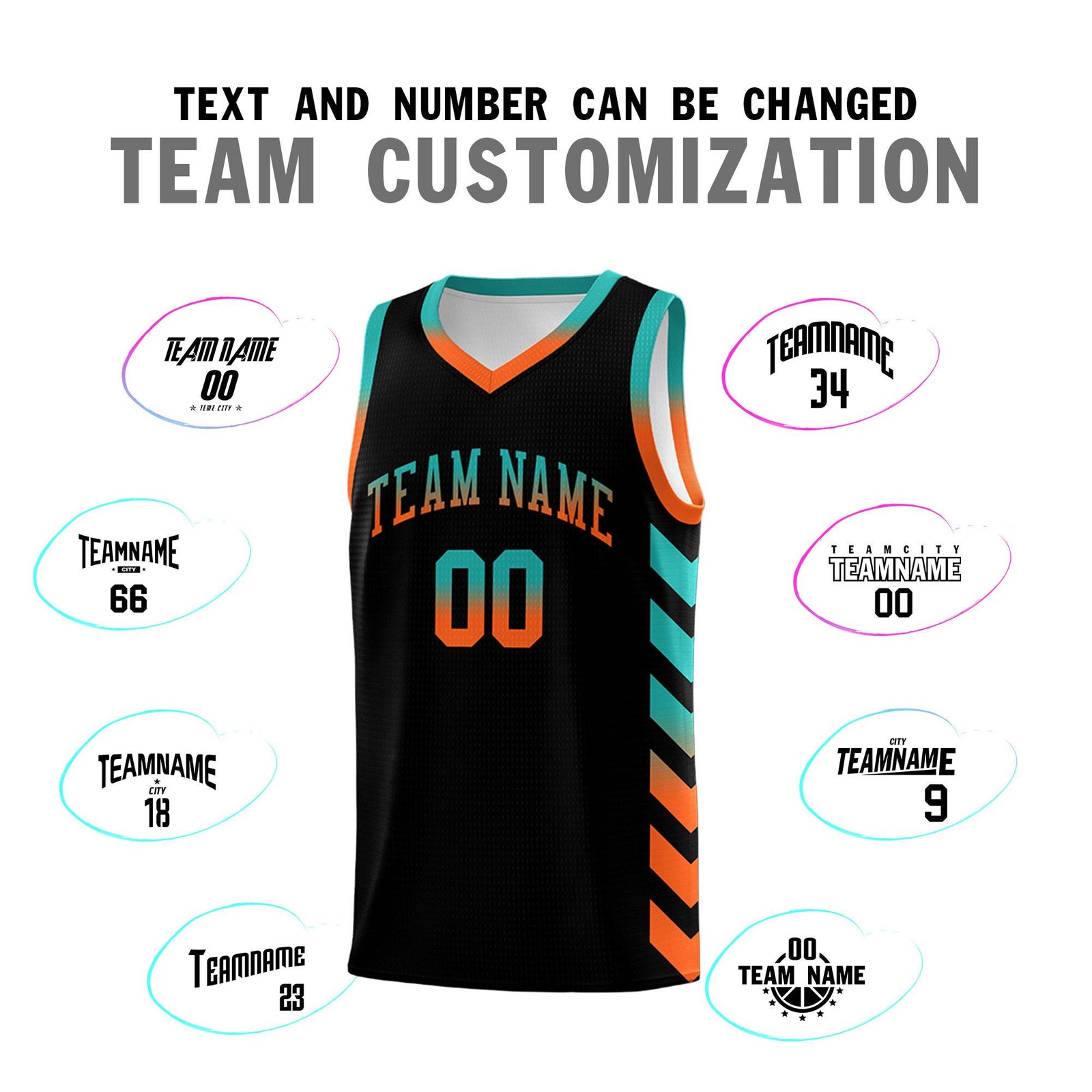 Custom White Black Reversible Basketball Jersey Kits - Side Arrow Aqua Orange Gradient