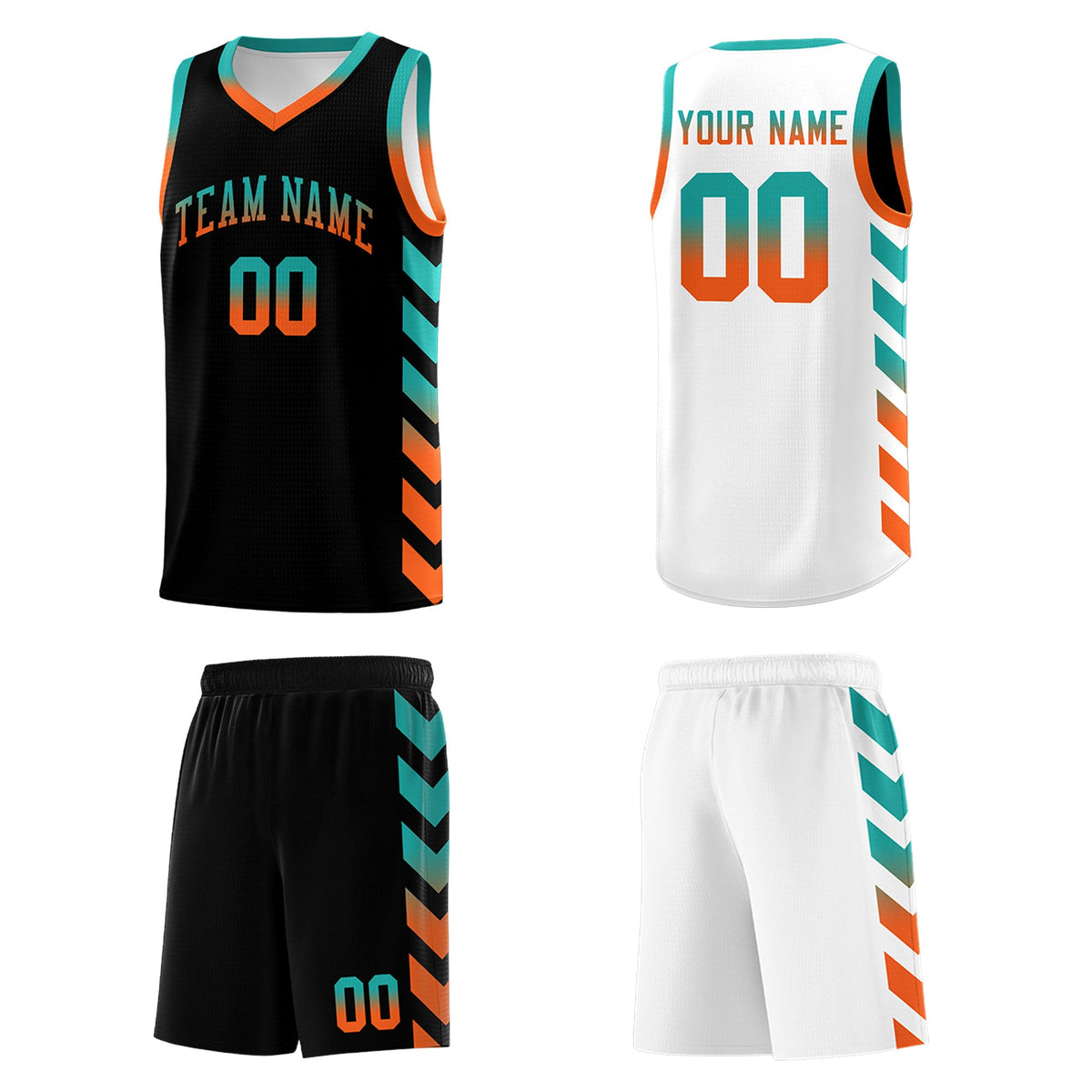 Custom White Black Reversible Basketball Jersey Kits - Side Arrow Aqua Orange Gradient