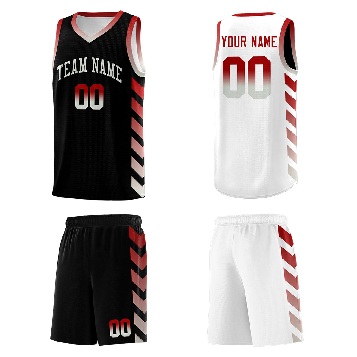 Custom White Black Reversible Basketball Jersey Kits - Side Arrow Red Gray Gradient