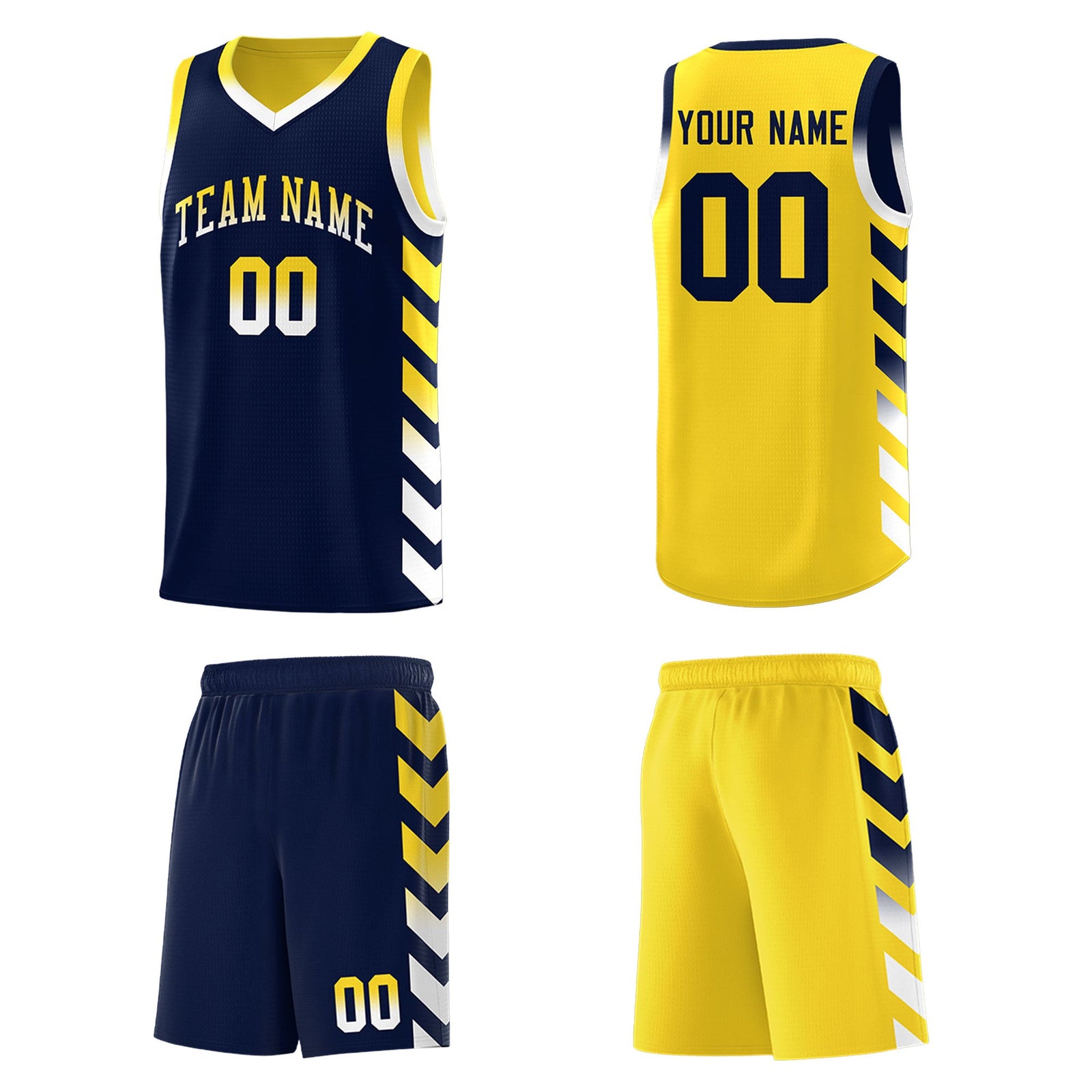 Custom Gold Navy Reversible Basketball Jersey Kits - Side Arrow Navy White Gradient