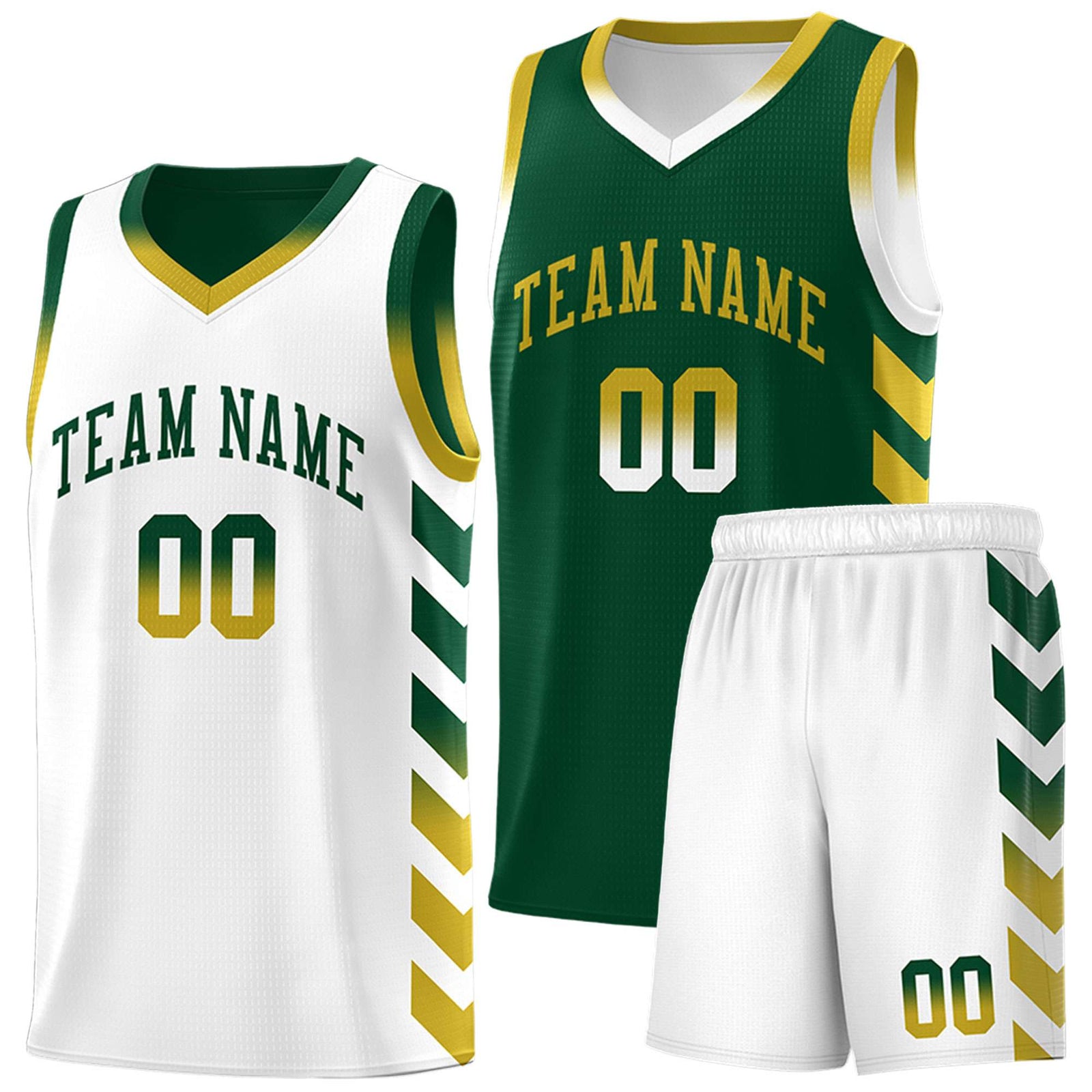 Custom White Green Reversible Basketball Jersey Kits - Side Arrow Green Old Gold Gradient