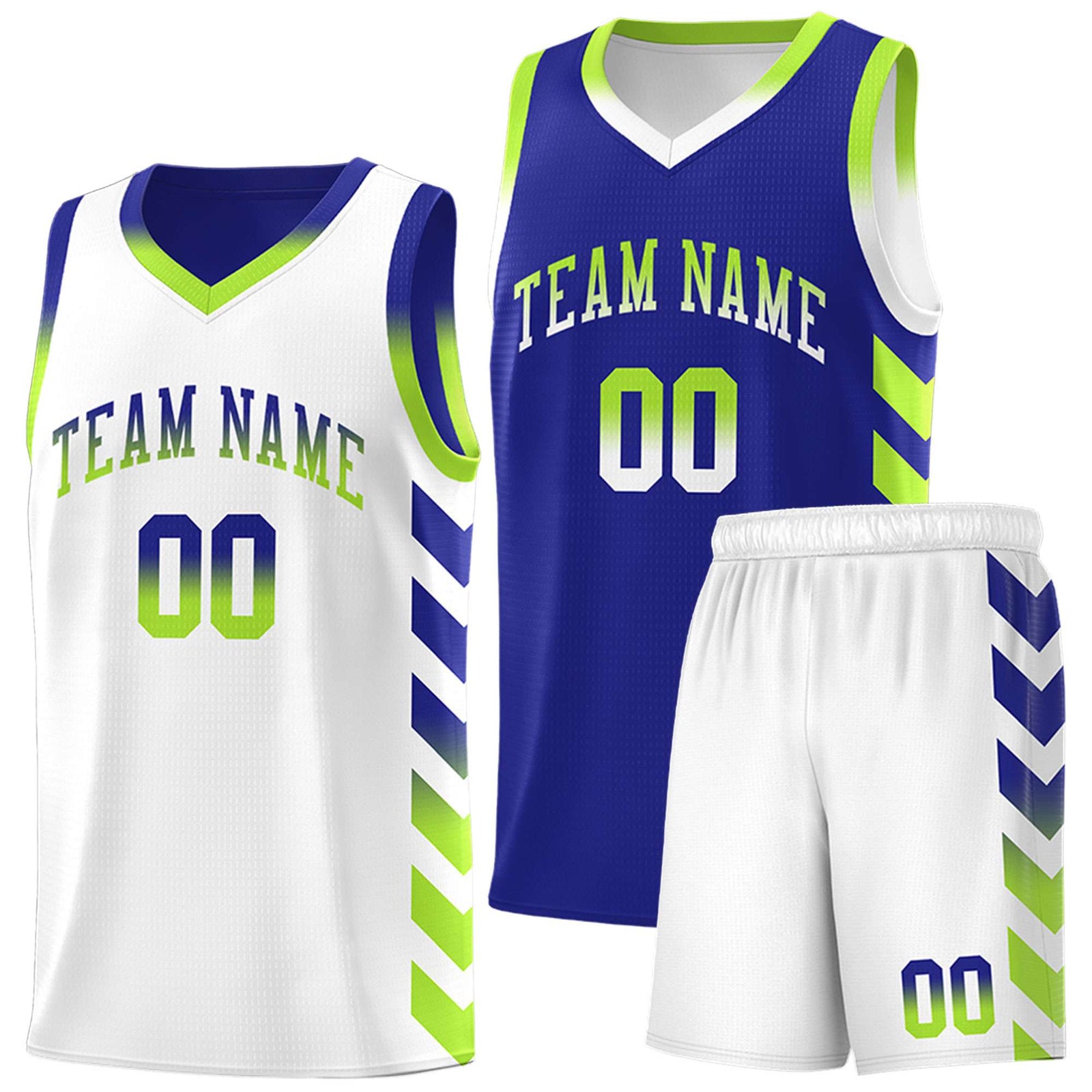 Custom White Royal Reversible Basketball Jersey Kits - Side Arrow Royal Neon Green Gradient