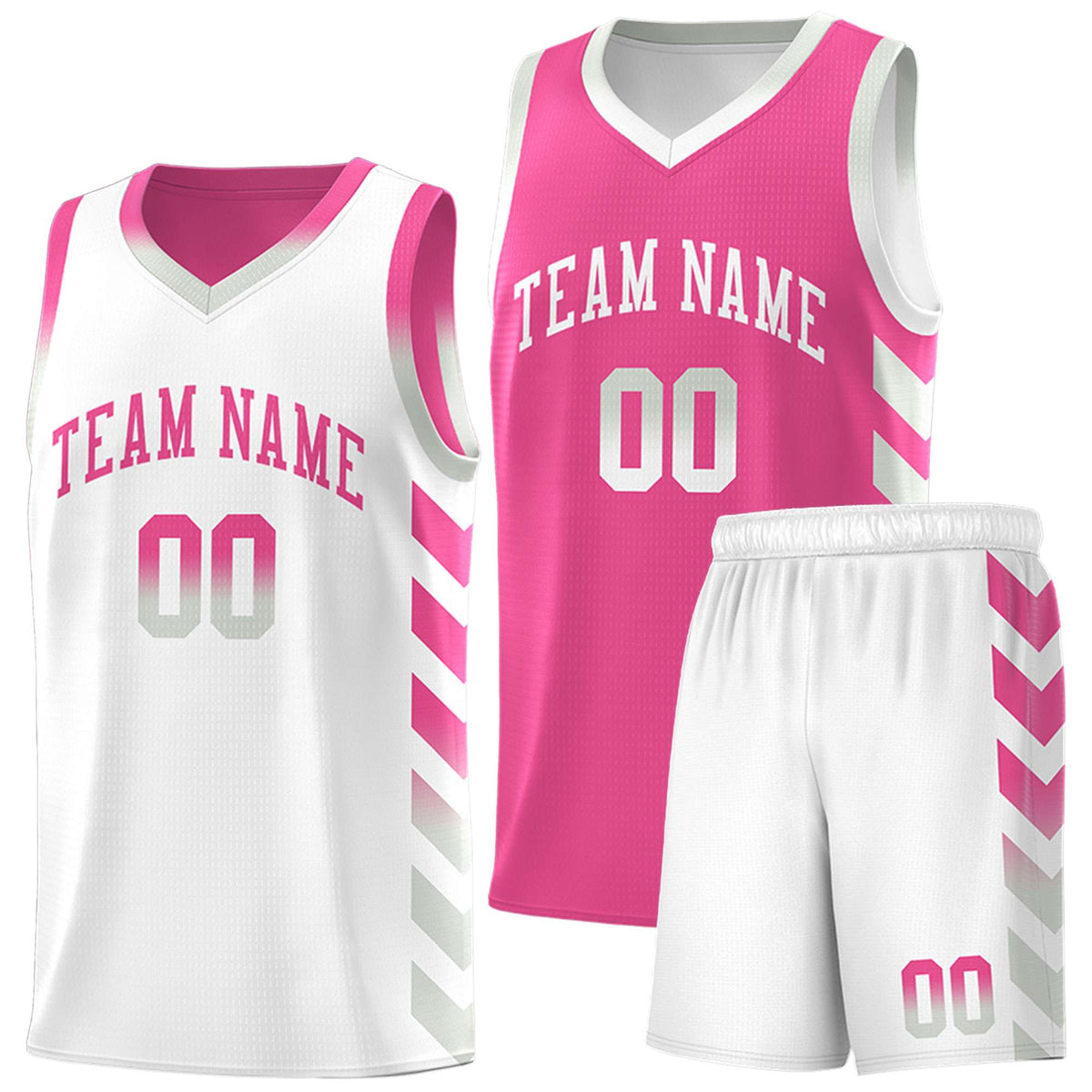 Custom White Pink Reversible Basketball Jersey Kits - Side Arrow Pink Gray Gradient