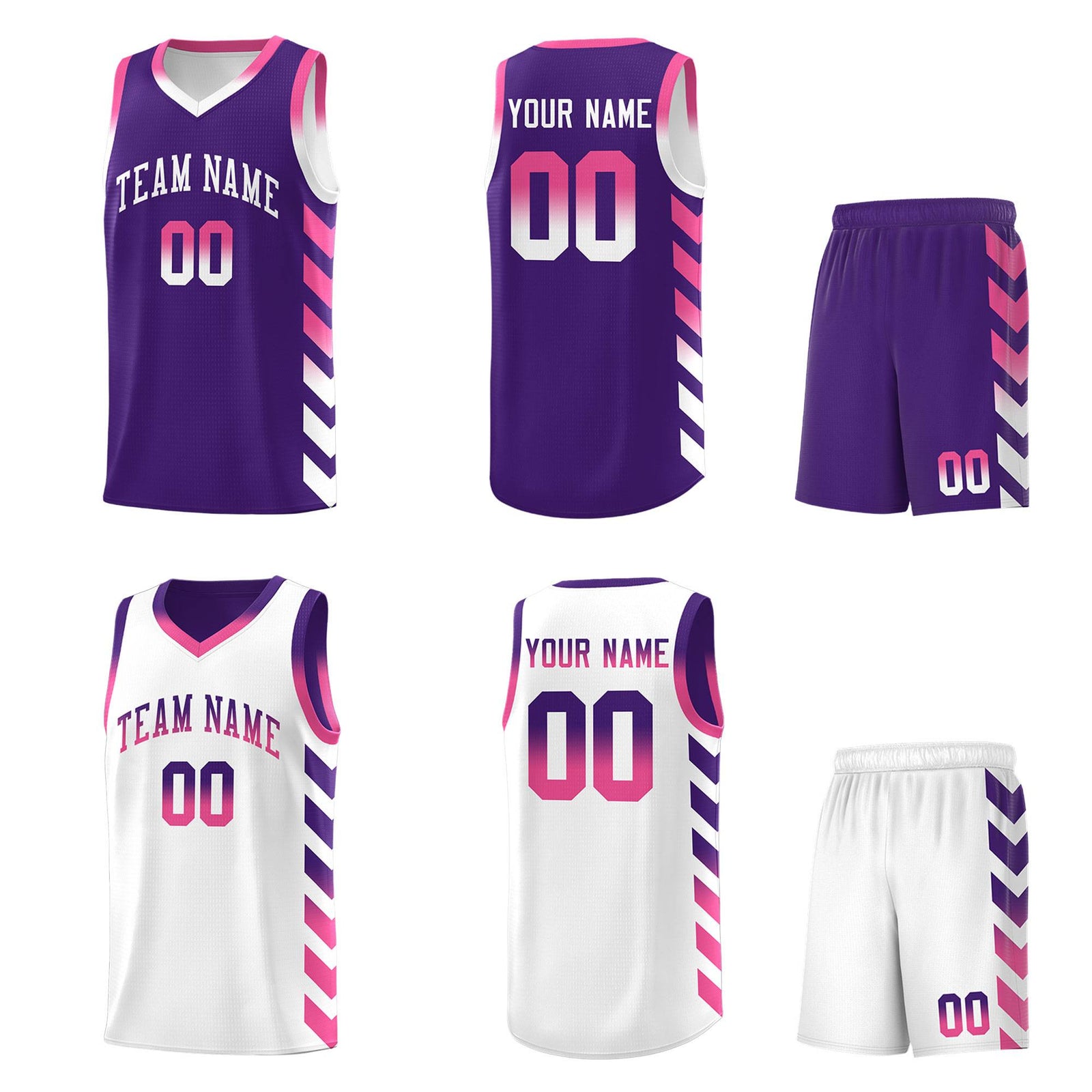 Custom White Purple Reversible Basketball Jersey Kits - Side Arrow Purple Pink Gradient