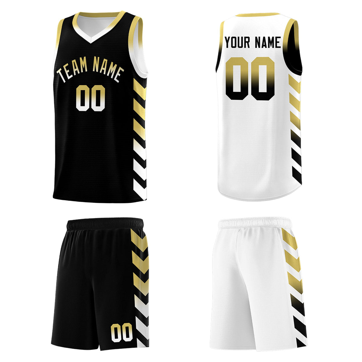 Custom White Black Reversible Basketball Jersey Kits - Side Arrow Old Gold Black Gradient
