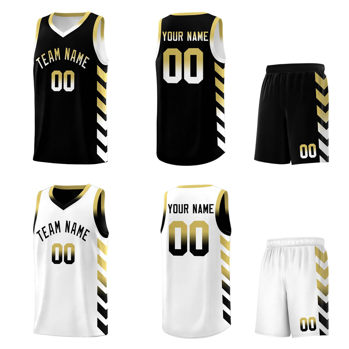 Custom White Black Reversible Basketball Jersey Kits - Side Arrow Old Gold Black Gradient