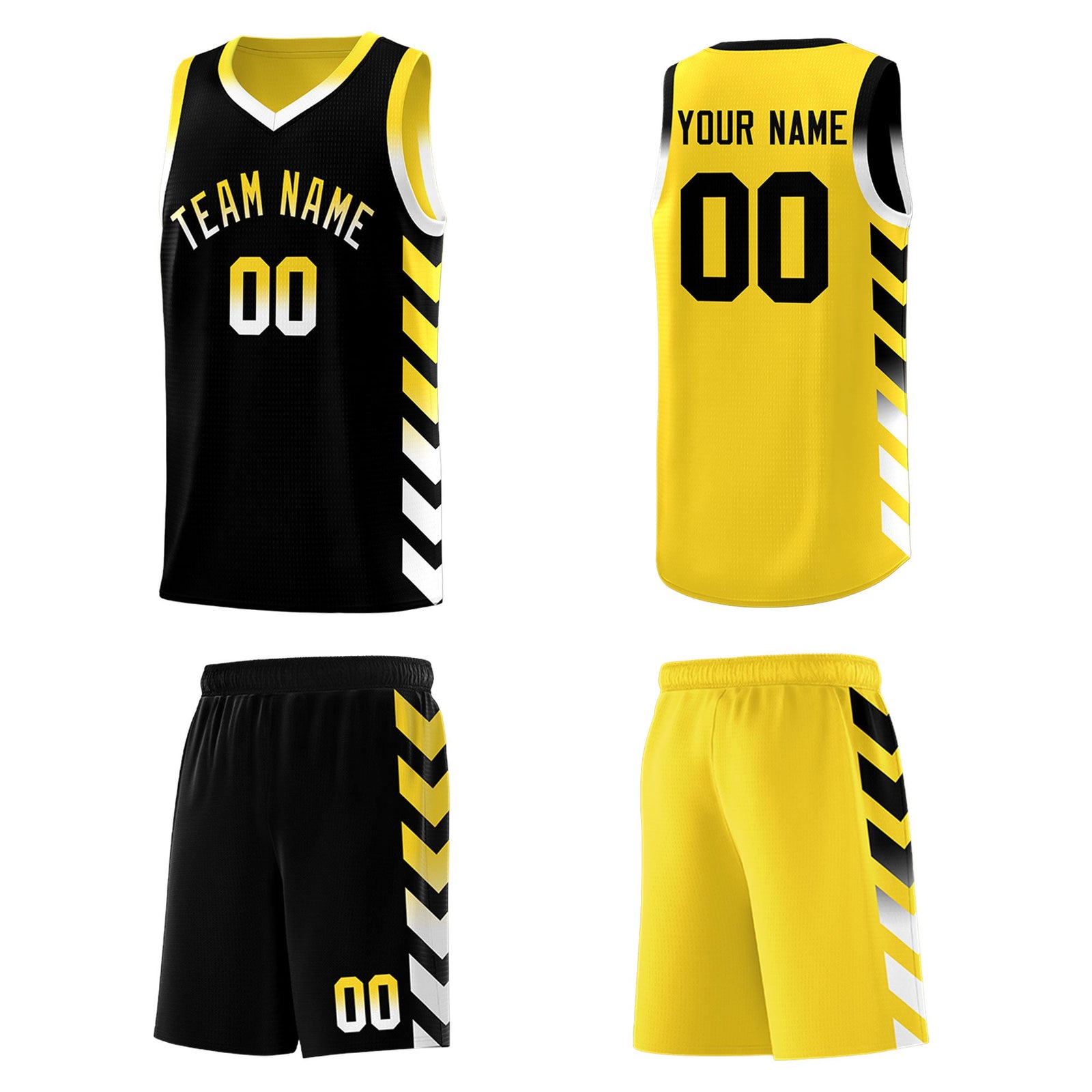 Custom Gold Black Reversible Basketball Jersey Kits - Side Arrow Black White Gradient