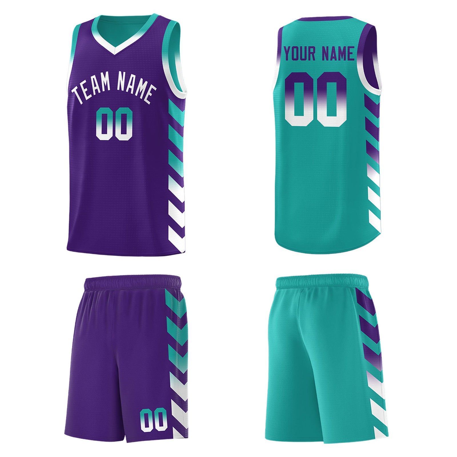 Custom Aqua Purple Reversible Basketball Jersey Kits - Side Arrow Purple White Gradient