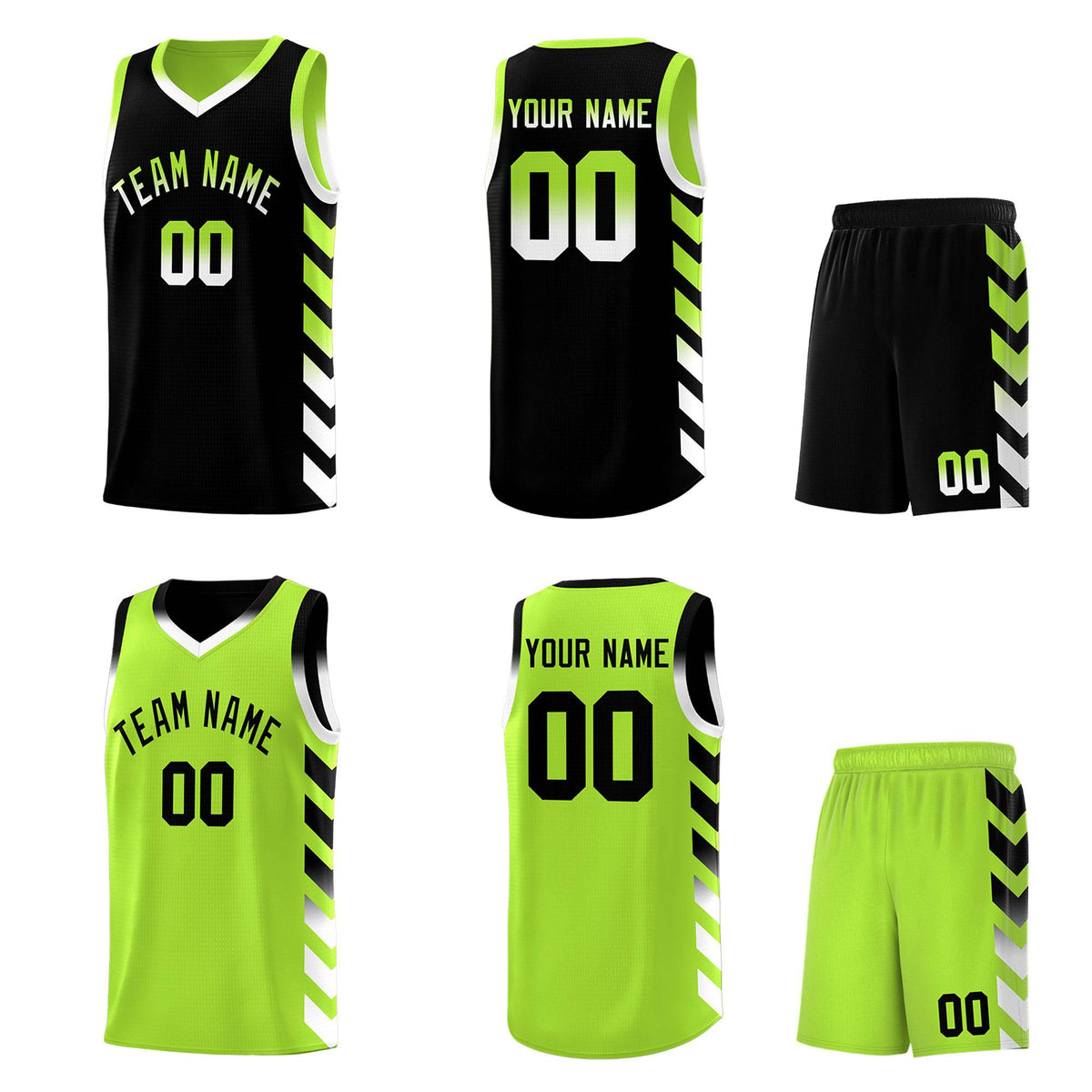 Custom Neon Greed Black Reversible Basketball Jersey Kits - Side Arrow Black White Gradient