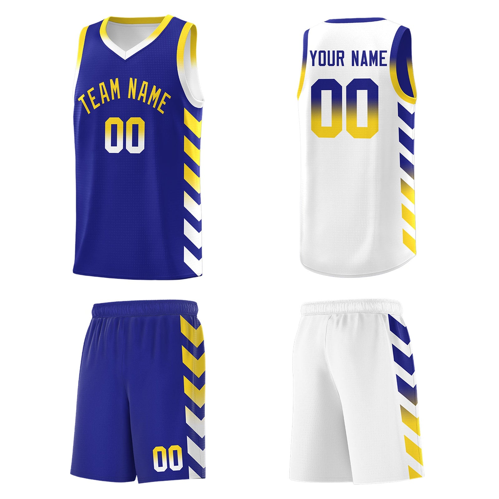 Custom White Royal Reversible Basketball Jersey Kits - Side Arrow Royal Gold Gradient