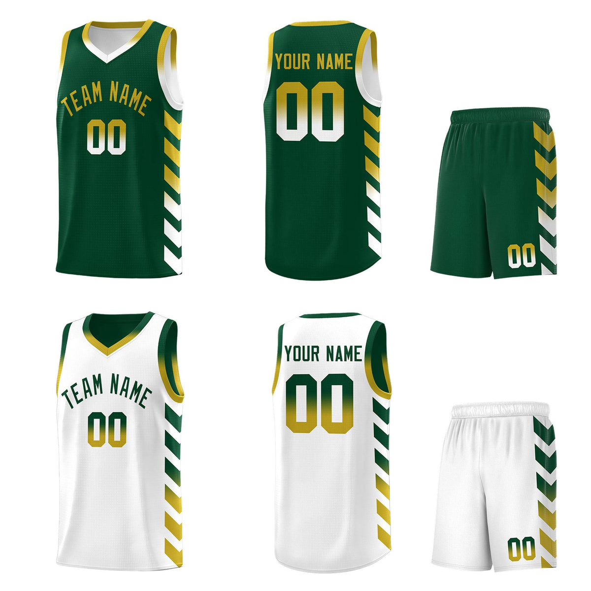 Custom White Green Reversible Basketball Jersey Kits - Side Arrow Green Old Gold Gradient