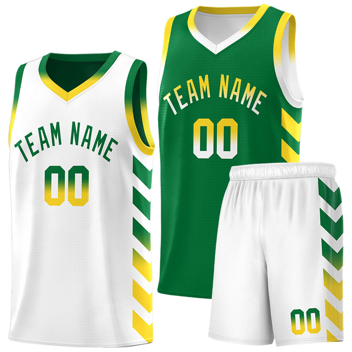 Custom White Kelly Green Reversible Basketball Jersey Kits - Side Arrow Kelly Green Gold Gradient