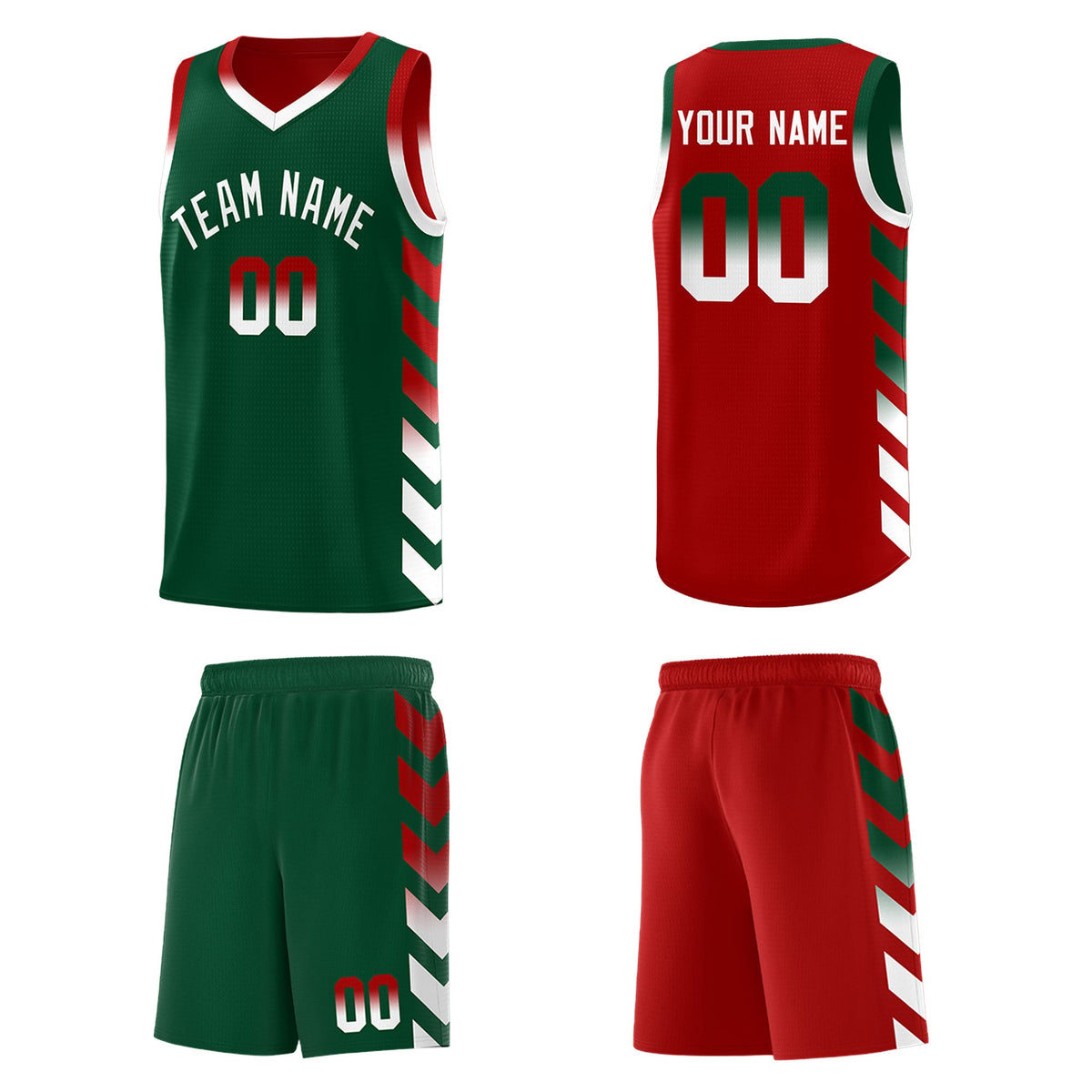 Custom Red Green Reversible Basketball Jersey Kits - Side Arrow Green White Gradient