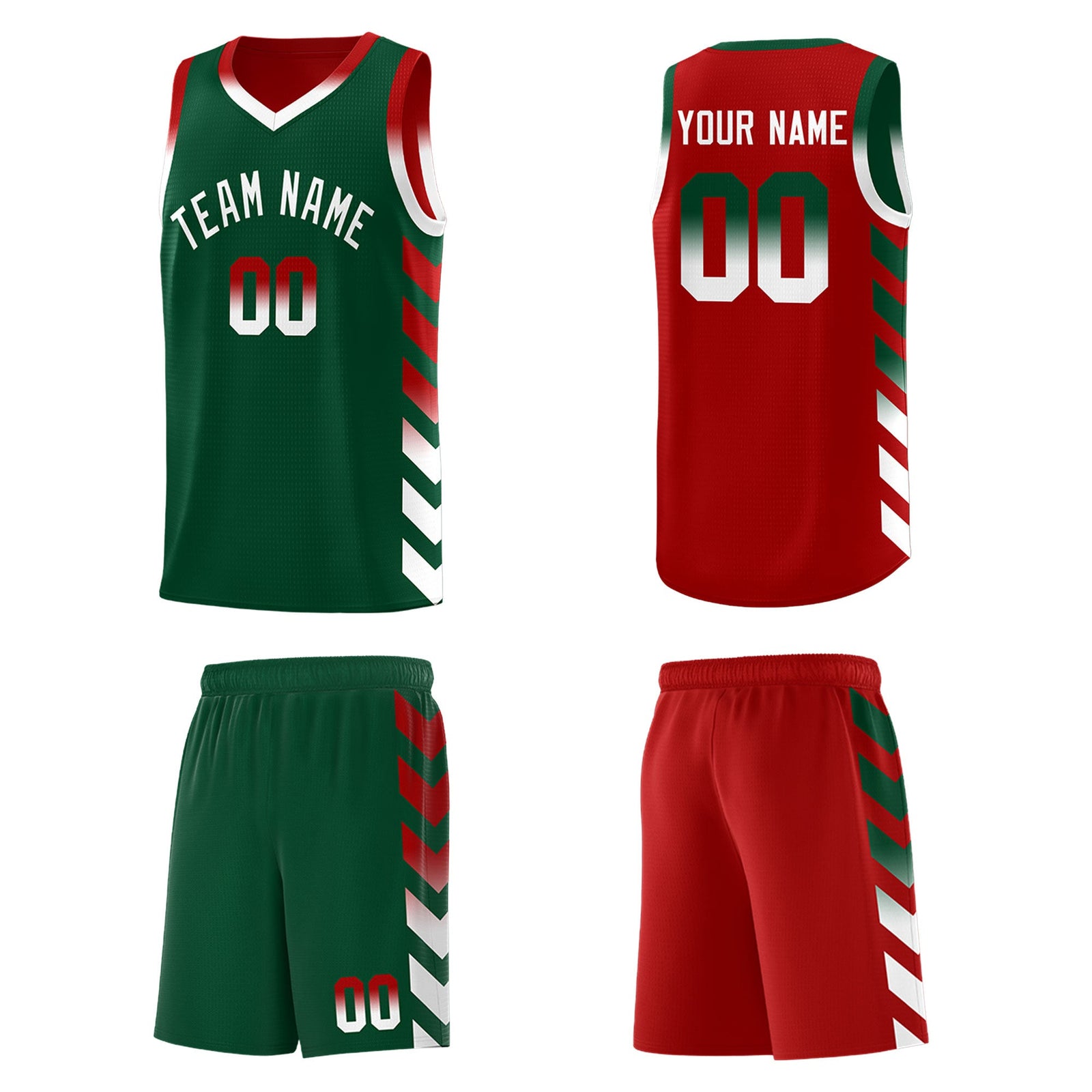 Custom Red Green Reversible Basketball Jersey Kits - Side Arrow Green White Gradient