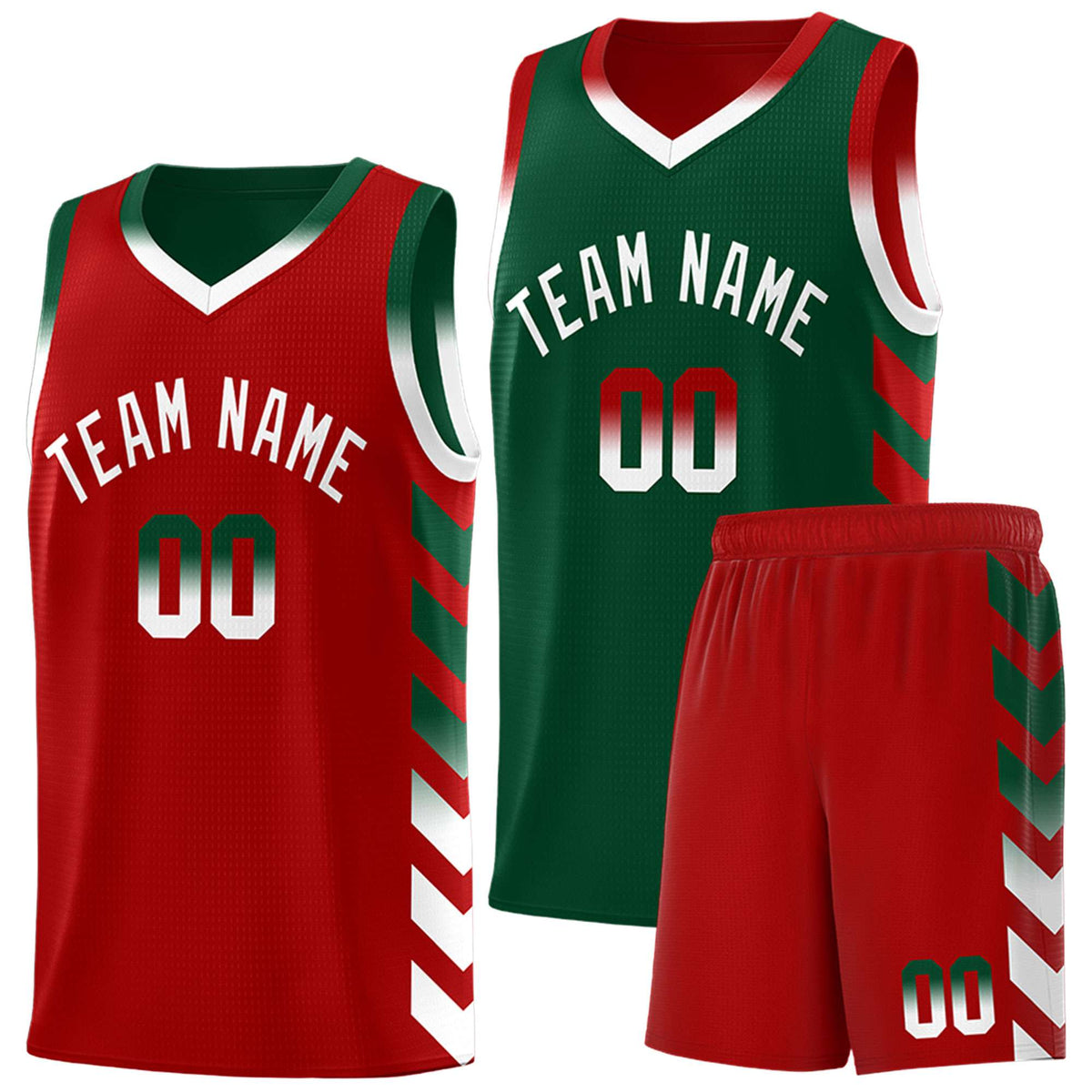 Custom Red Green Reversible Basketball Jersey Kits - Side Arrow Green White Gradient