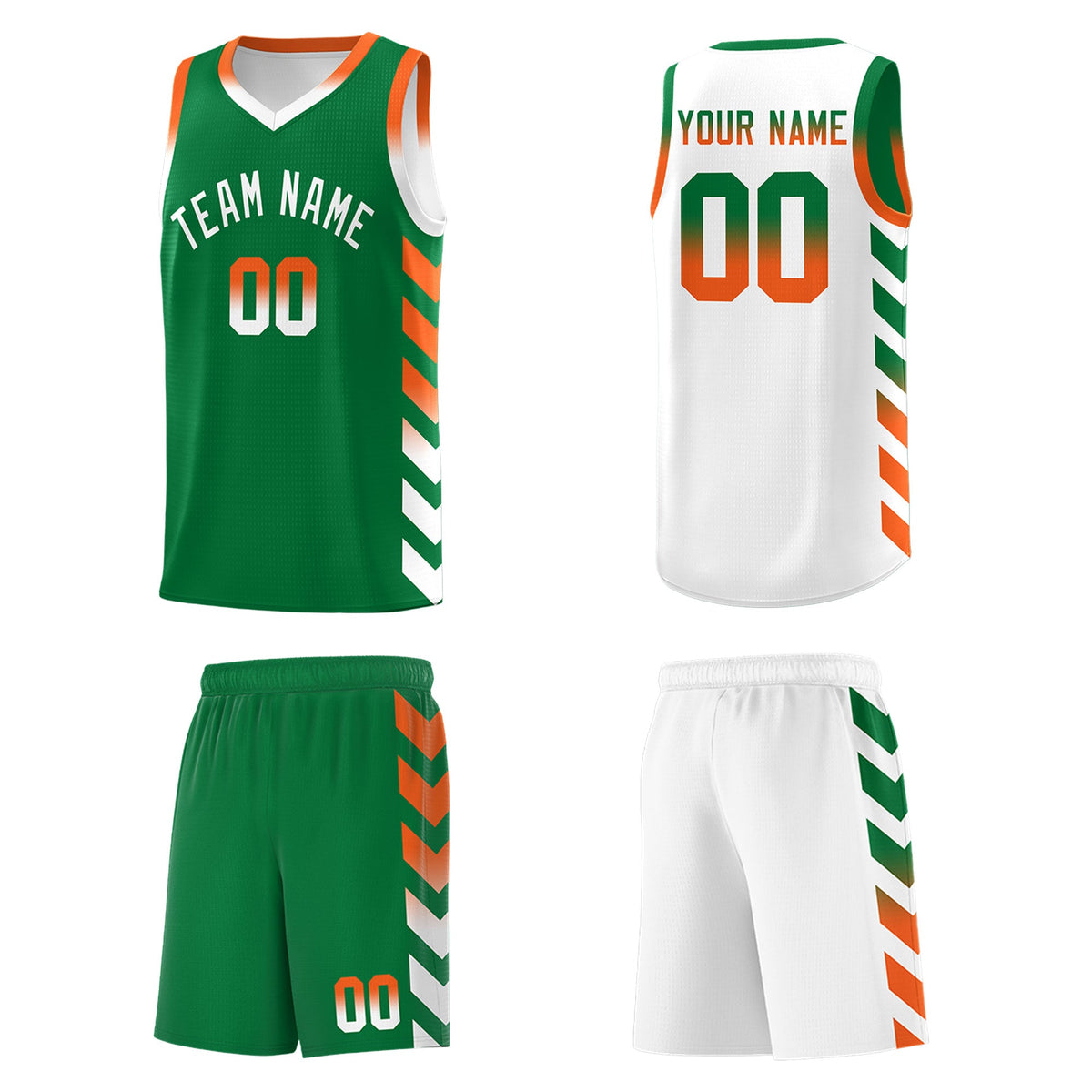 Custom White Kelly Green Reversible Basketball Jersey Kits - Side Arrow Kelly Green Orange Gradient