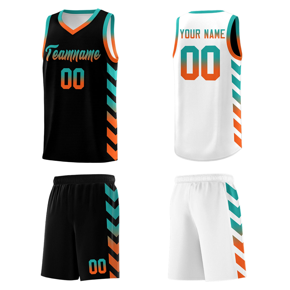 Custom White Black Reversible Basketball Jersey Kits - Side Arrow Aqua Orange Gradient