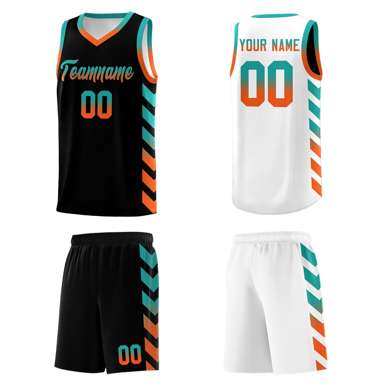Custom White Black Reversible Basketball Jersey Kits - Side Arrow Aqua Orange Gradient