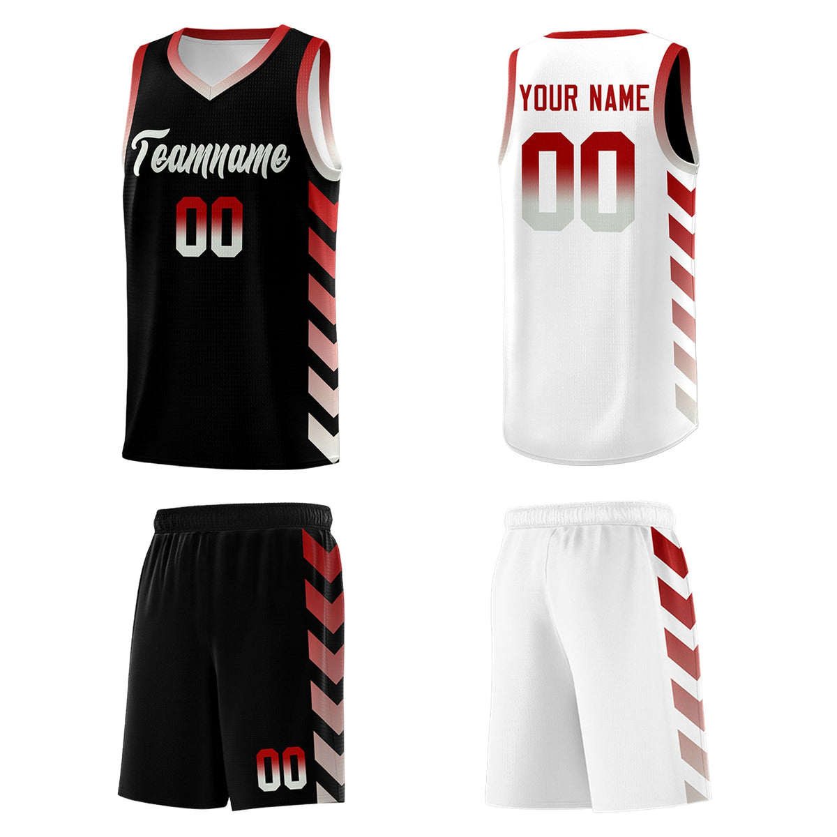 Custom White Black Reversible Basketball Jersey Kits - Side Arrow Red Gray Gradient