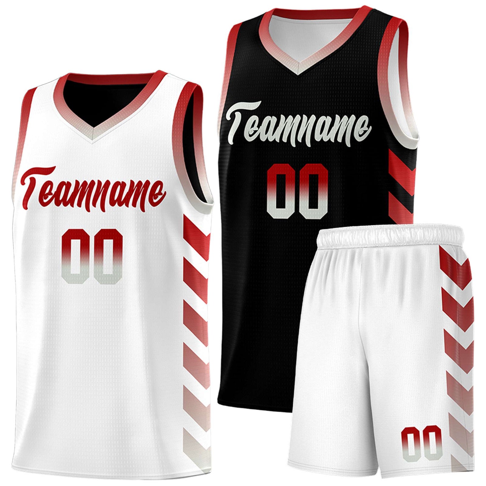 Custom White Black Reversible Basketball Jersey Kits - Side Arrow Red Gray Gradient