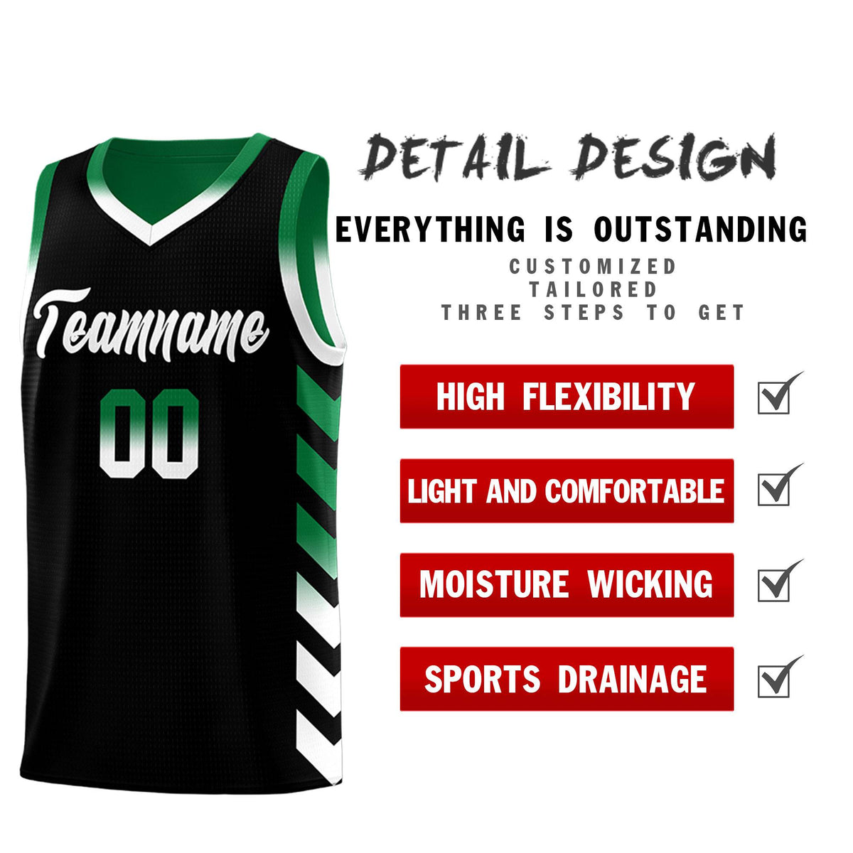 Custom Kelly Green Black Reversible Basketball Jersey Kits - Side Arrow Black White Gradient