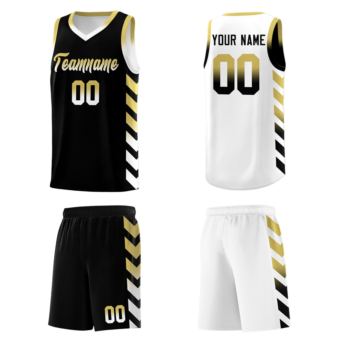 Custom White Black Reversible Basketball Jersey Kits - Side Arrow Old Gold Black Gradient