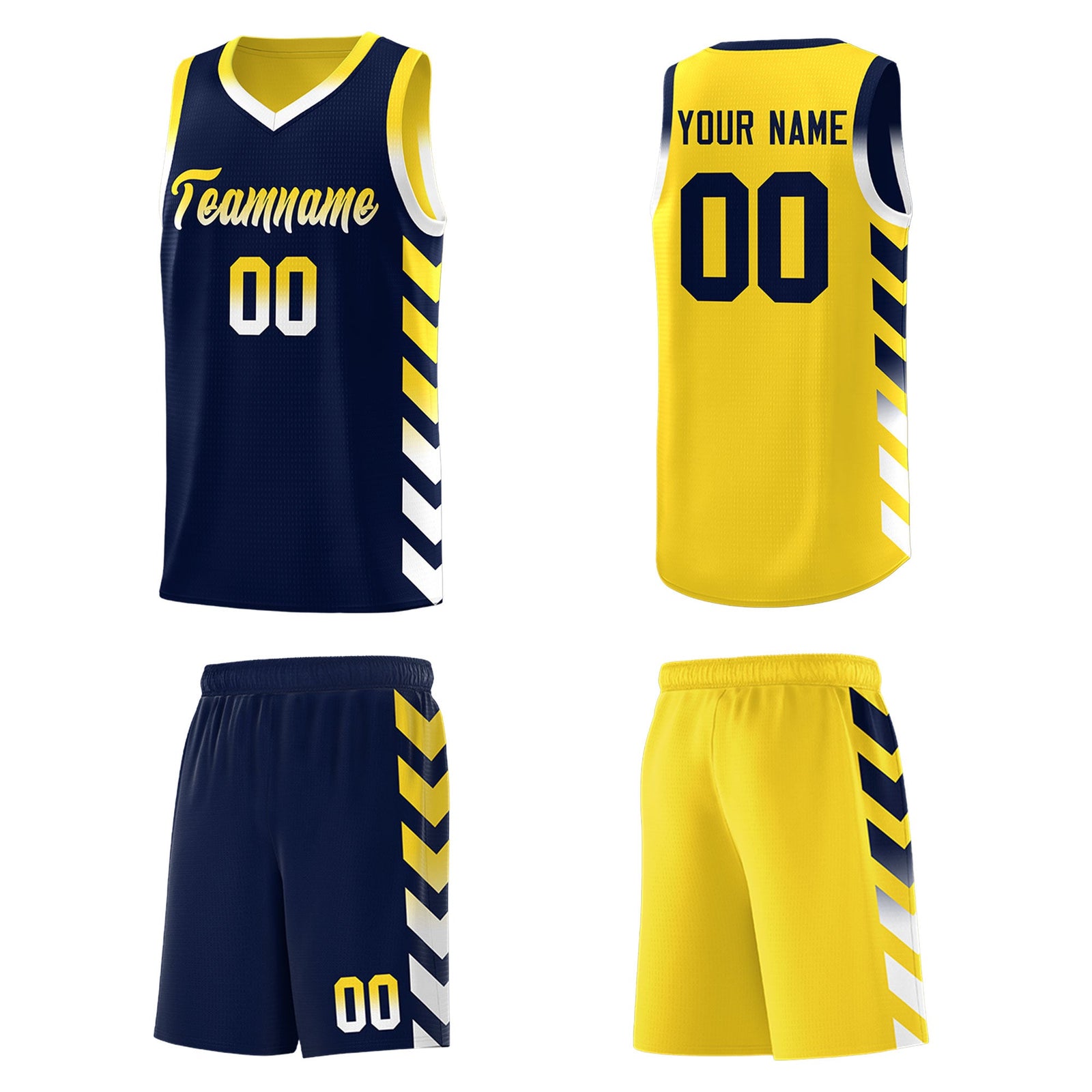 Custom Gold Navy Reversible Basketball Jersey Kits - Side Arrow Navy White Gradient